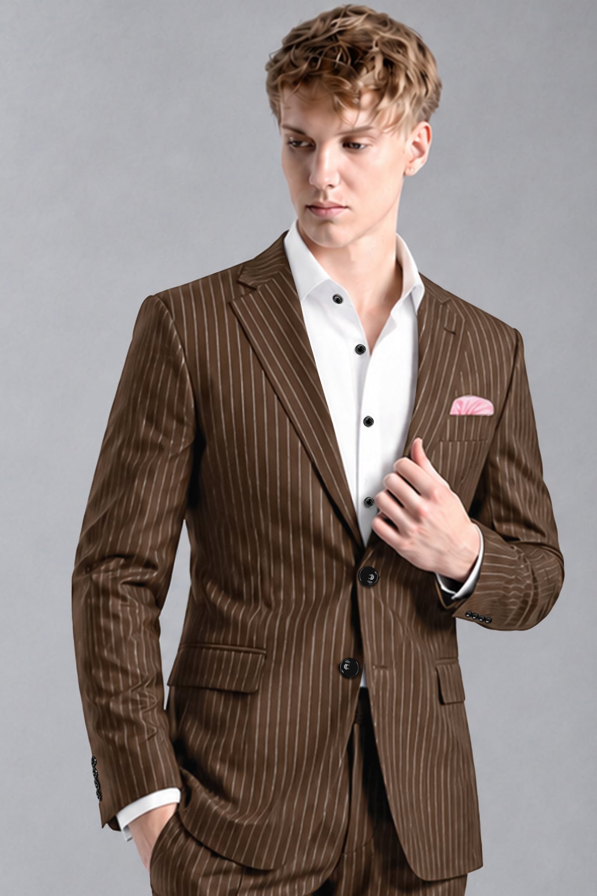 Bristol-Iroko Brown And Bright White Chalk Striped Wool Rich Slight Stretch Single Breasted Blazer