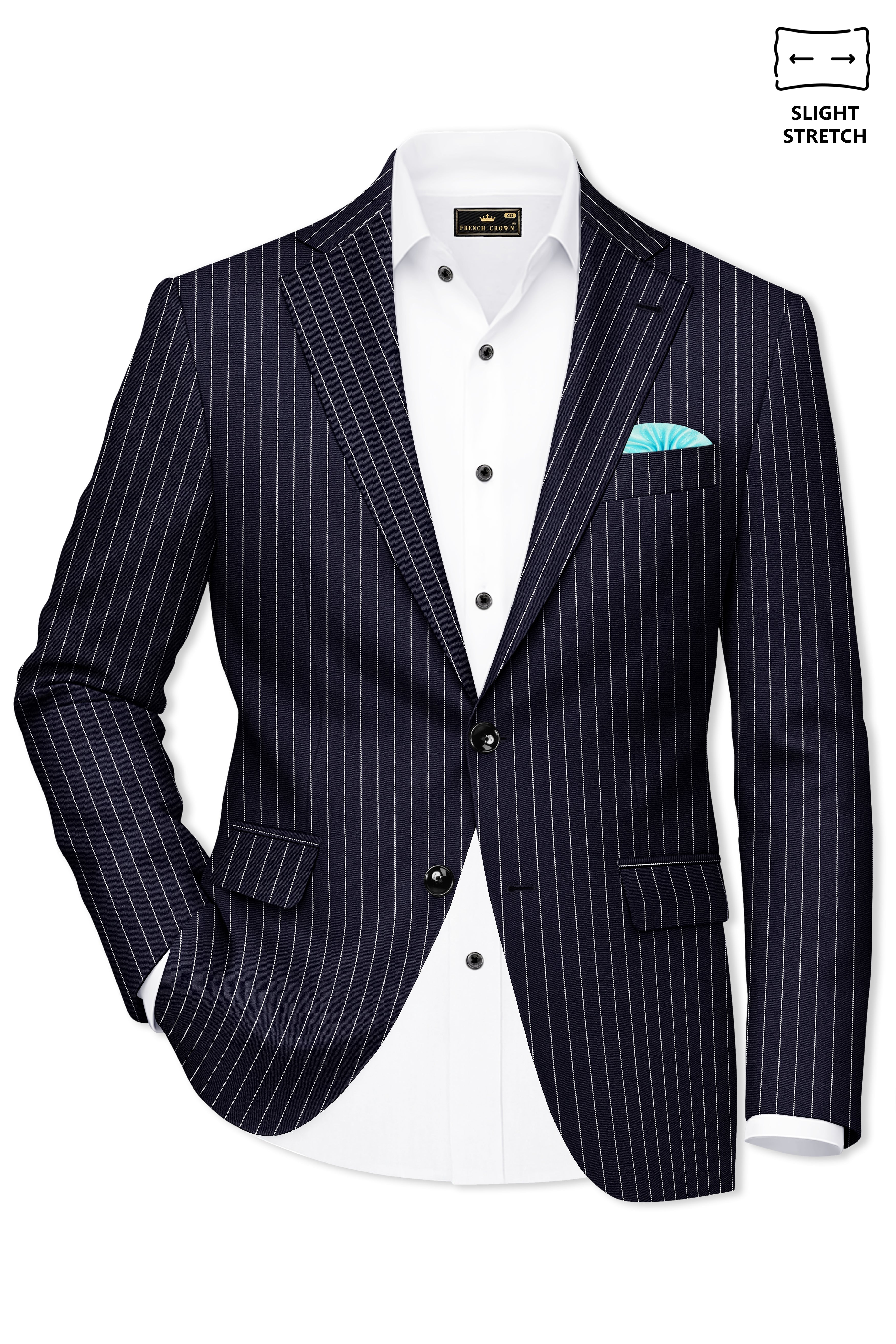 Aurelius-Cinder Blue Bright White Chalk Striped Wool Rich Slight Stretch Single Breasted Blazer