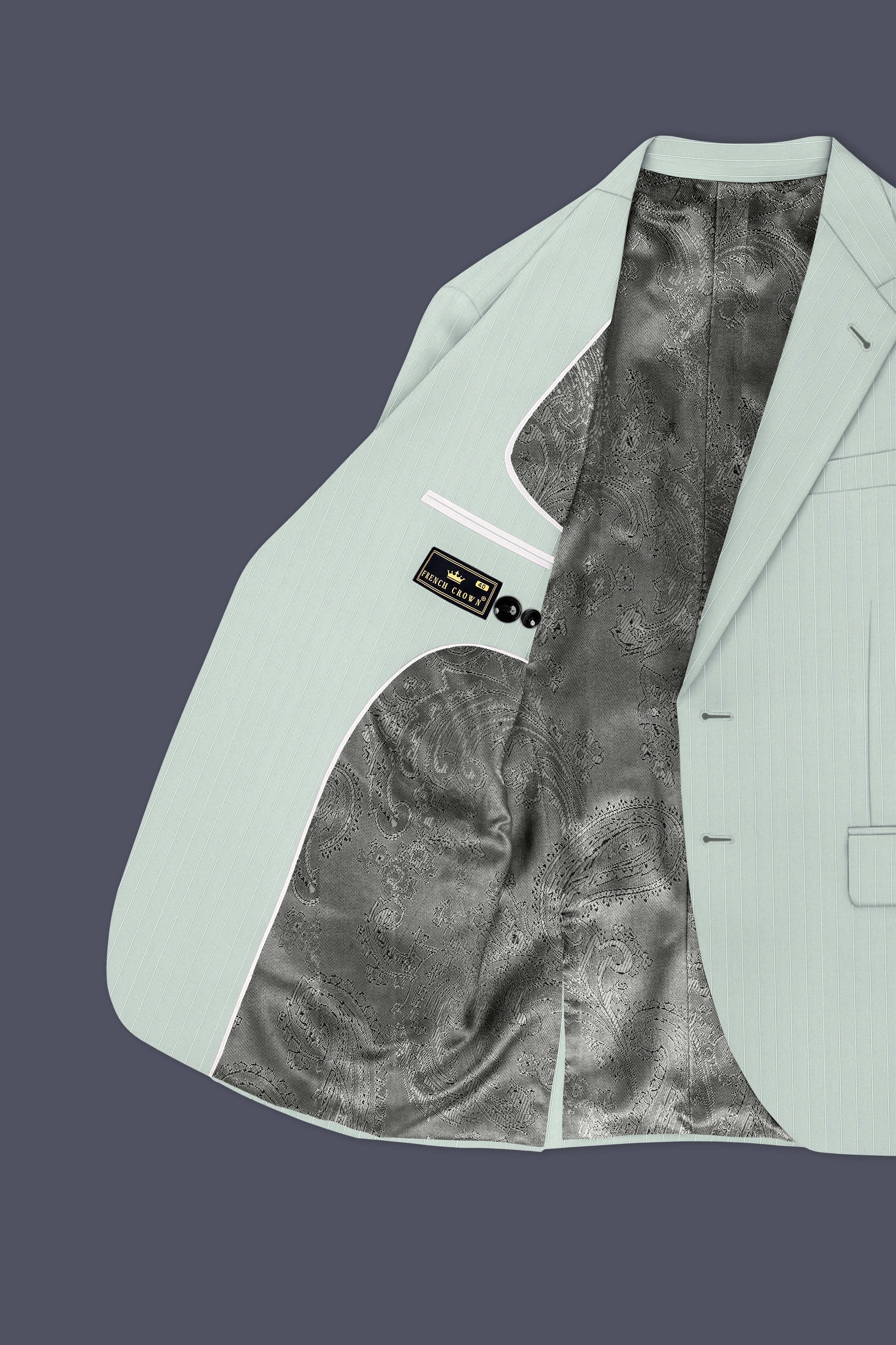 Halcyon-Pale Slate Green Herringbone Striped Wool Rich Slight Stretch Single Breasted Blazer
