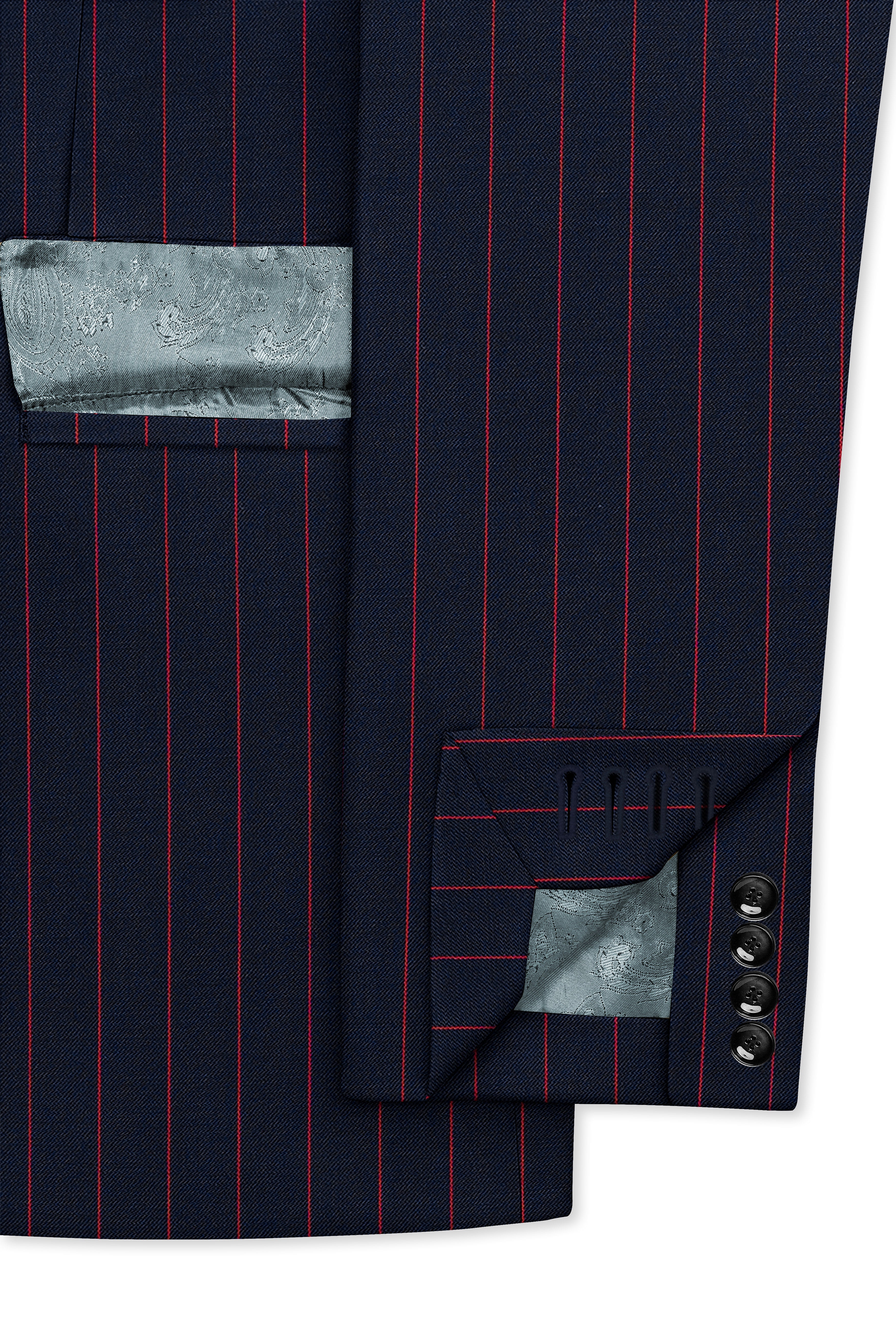 Striata-Haiti Blue And Brick Pink Chalk Striped Wool Rich Slight Stretch Double Breasted Blazer