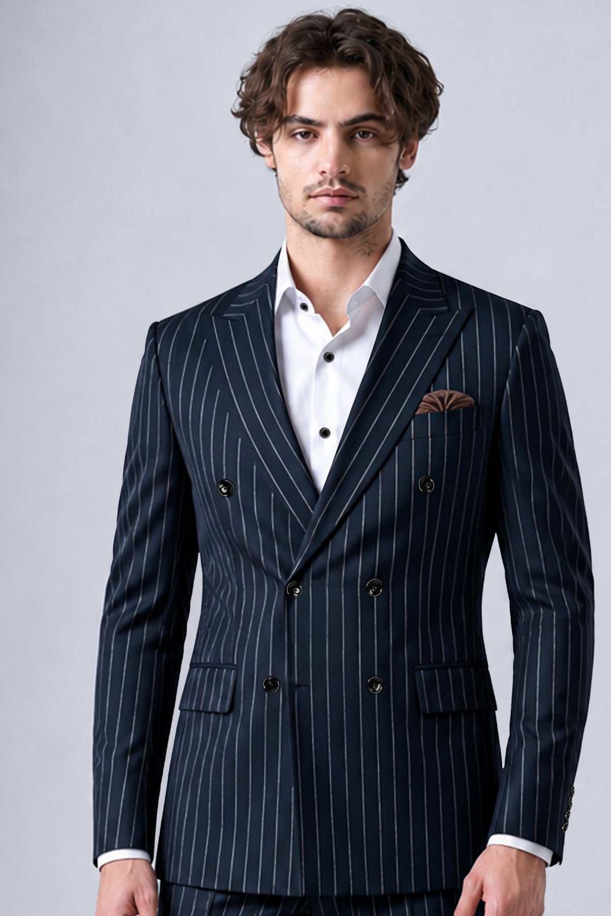 Azureon-Firefly Blue And Bright White Chalk Striped Wool Rich Slight Stretch Double Breasted Blazer