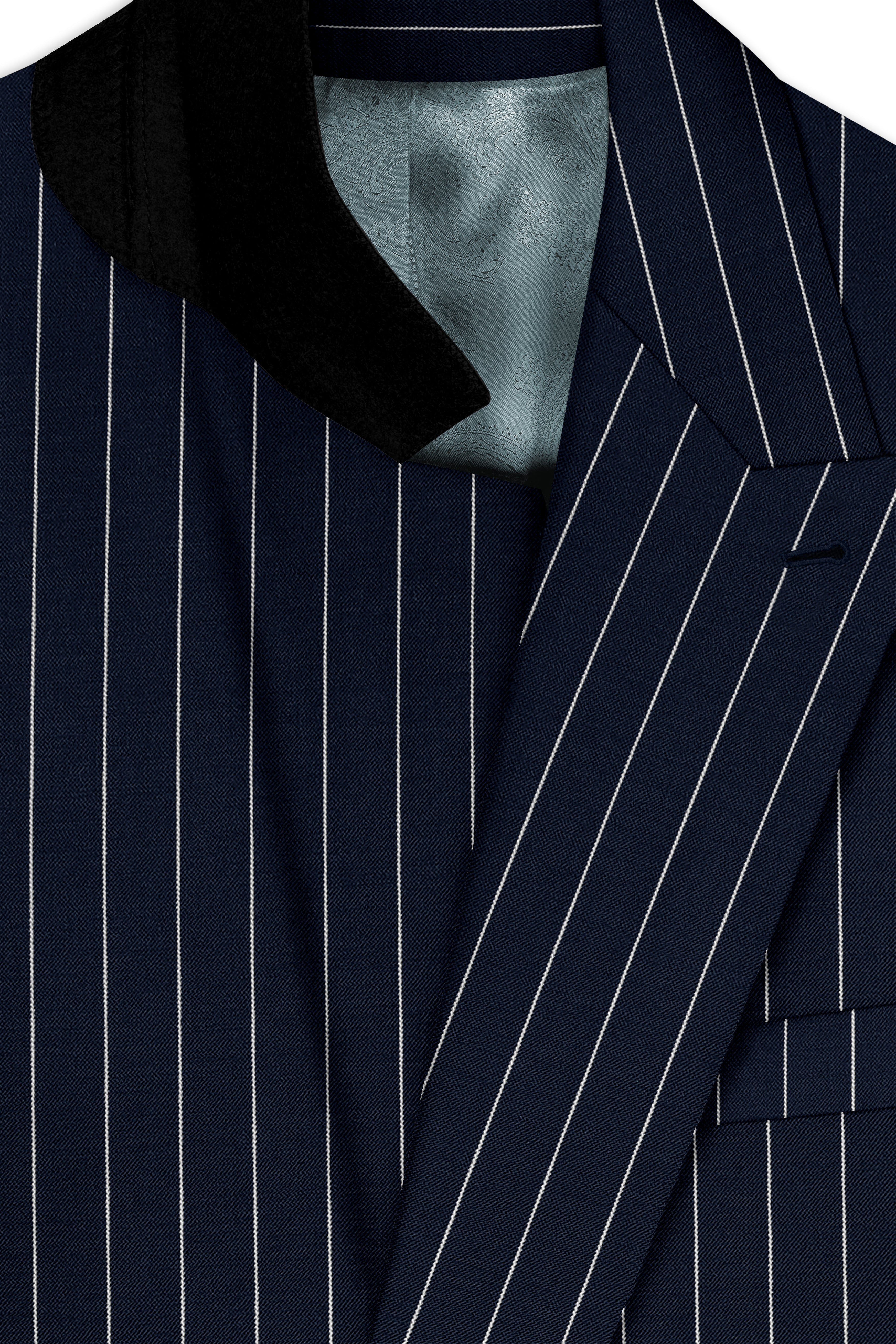 Azureon-Firefly Blue And Bright White Chalk Striped Wool Rich Slight Stretch Double Breasted Blazer