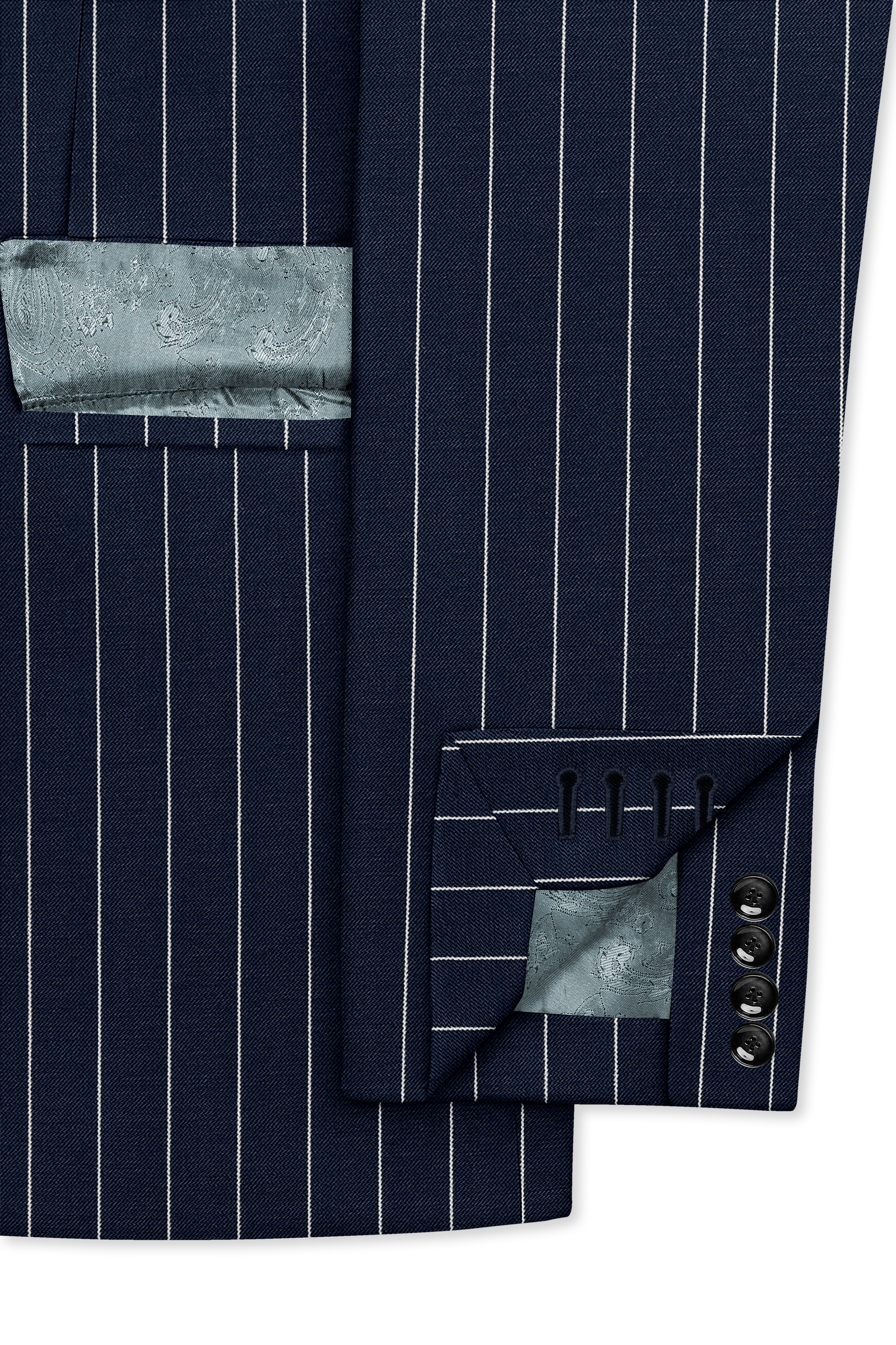 Azureon-Firefly Blue And Bright White Chalk Striped Wool Rich Slight Stretch Double Breasted Blazer
