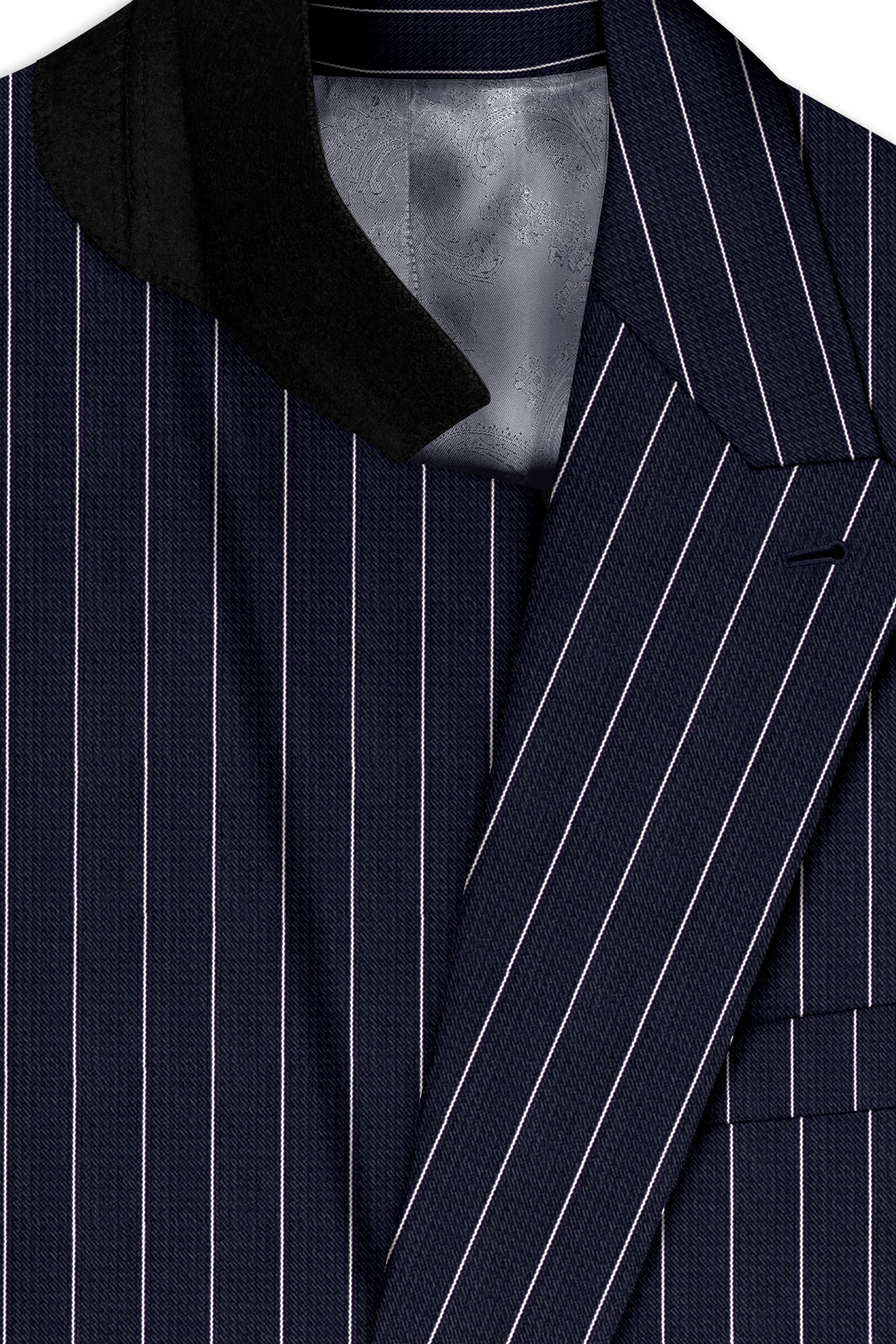 Regent-Ebony Blue And Bright White Chalk Striped Wool Rich Slight Stretch Double Breasted Blazer