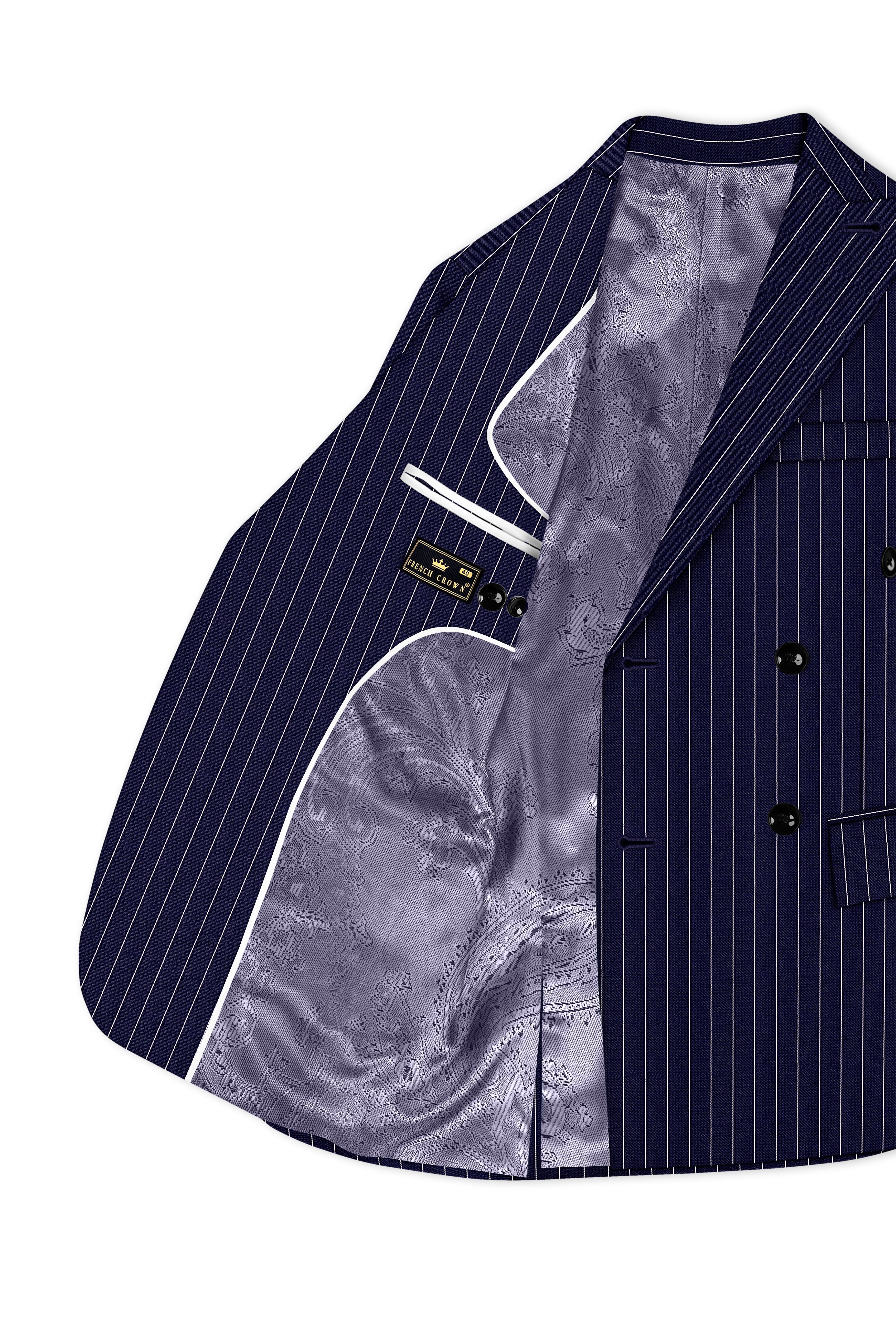 Ascot-Berry Blue And Bright White Chalk Striped Wool Rich Slight Stretch Double Breasted Blazer
