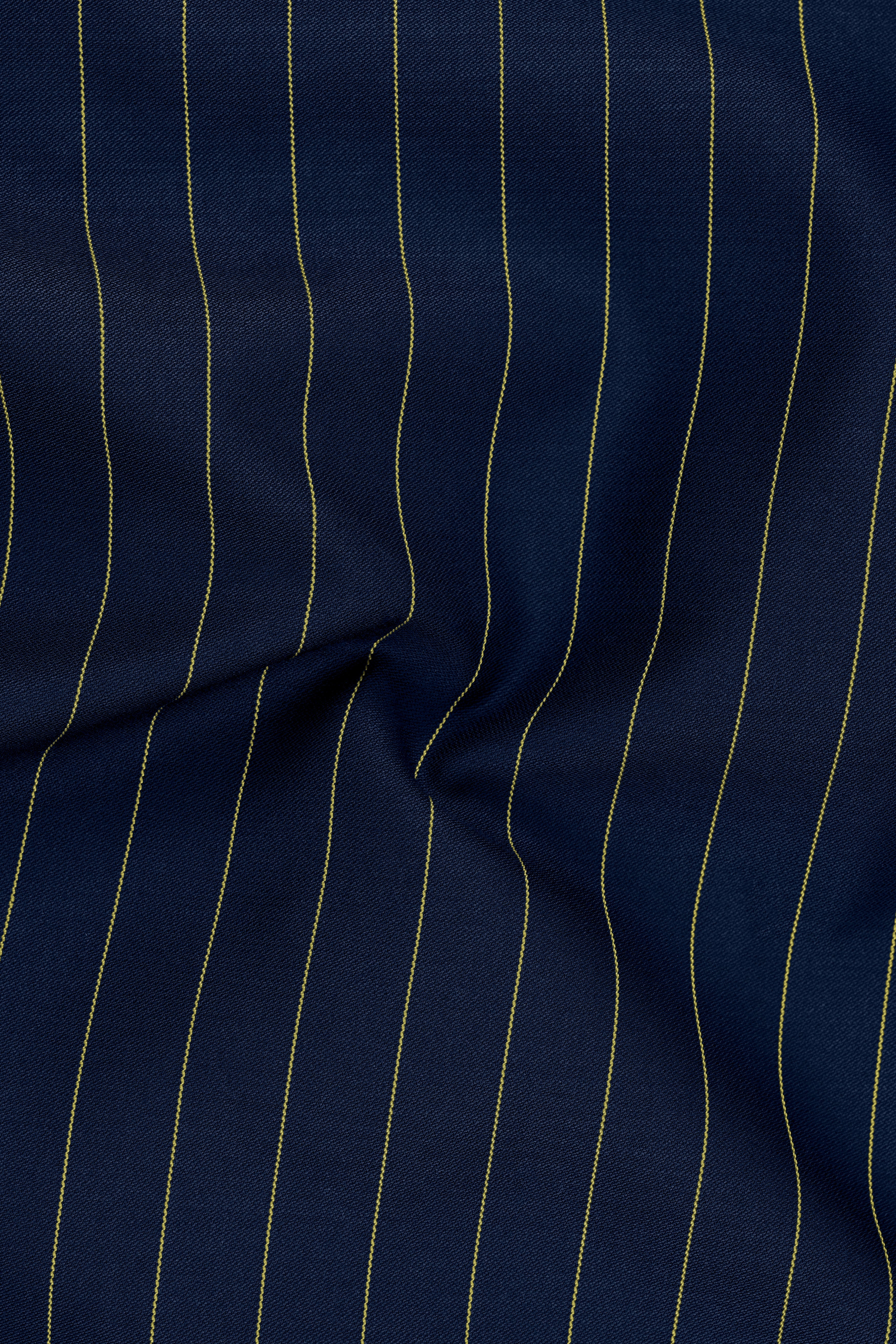 Aurum-Midnight Blue And Harvest Yellow Chalk Striped Wool Rich Slight Stretch Double Breasted Blazer