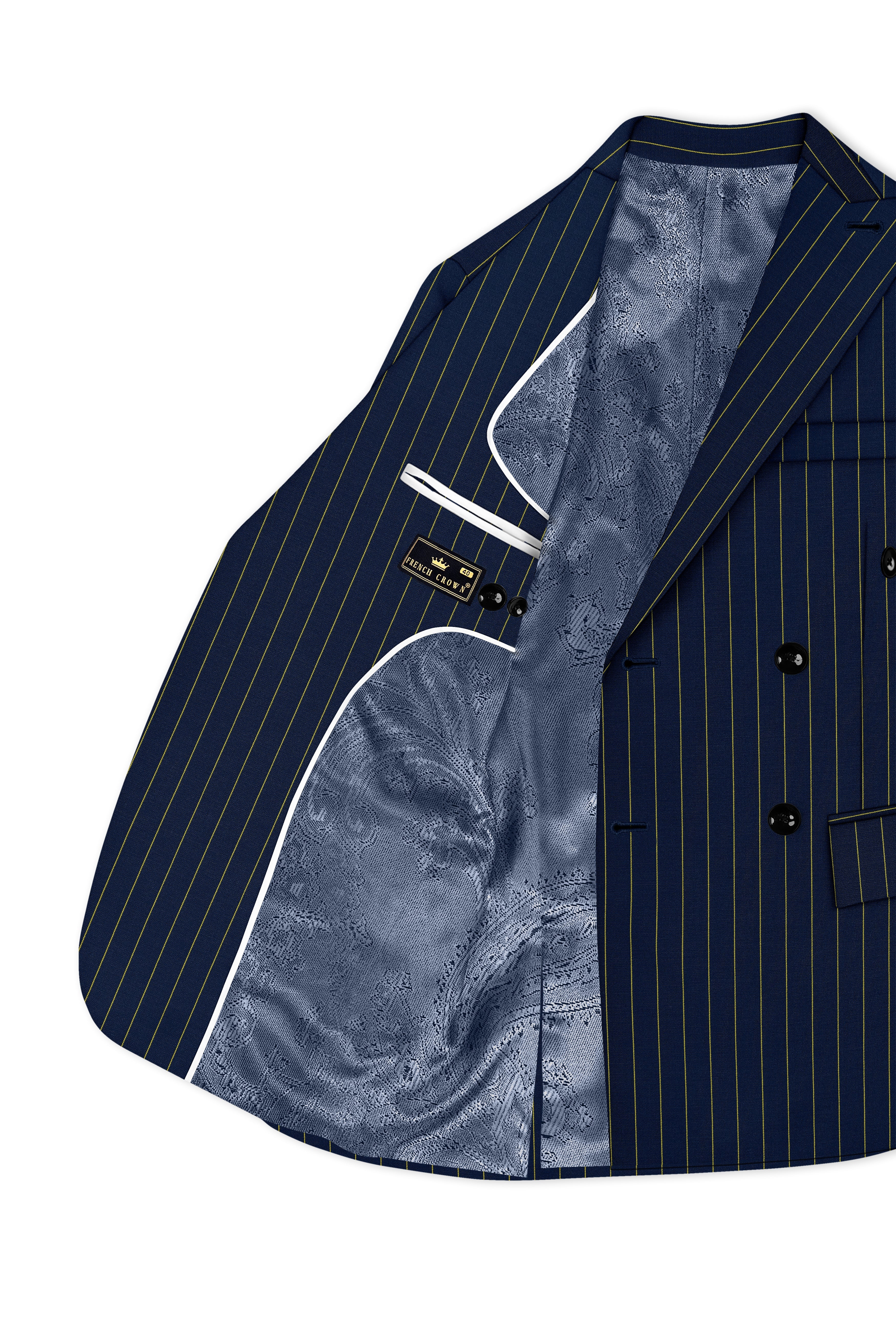 Aurum-Midnight Blue And Harvest Yellow Chalk Striped Wool Rich Slight Stretch Double Breasted Blazer