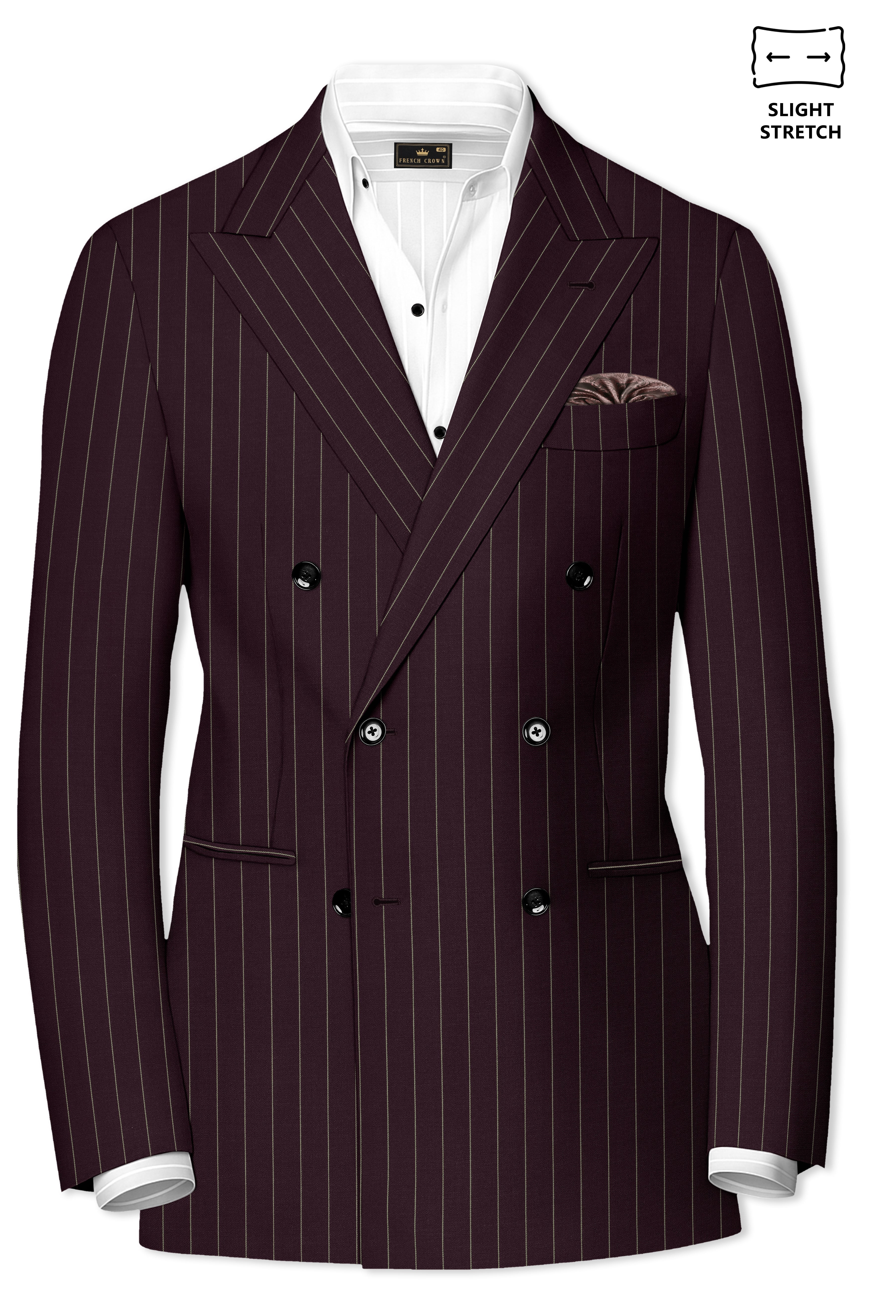 Valiant-Seal Maroon And Bright White Chalk Striped Wool Rich Slight Stretch Double Breasted Blazer