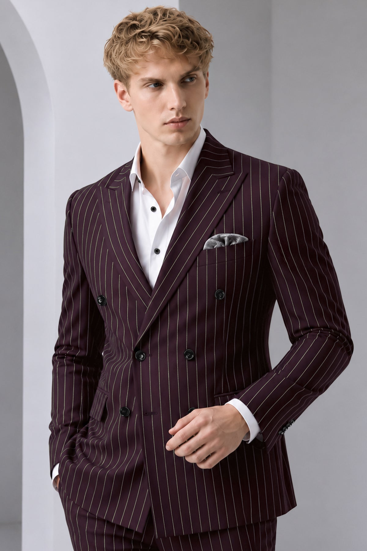 Valiant-Seal Maroon And Bright White Chalk Striped Wool Rich Slight Stretch Double Breasted Blazer