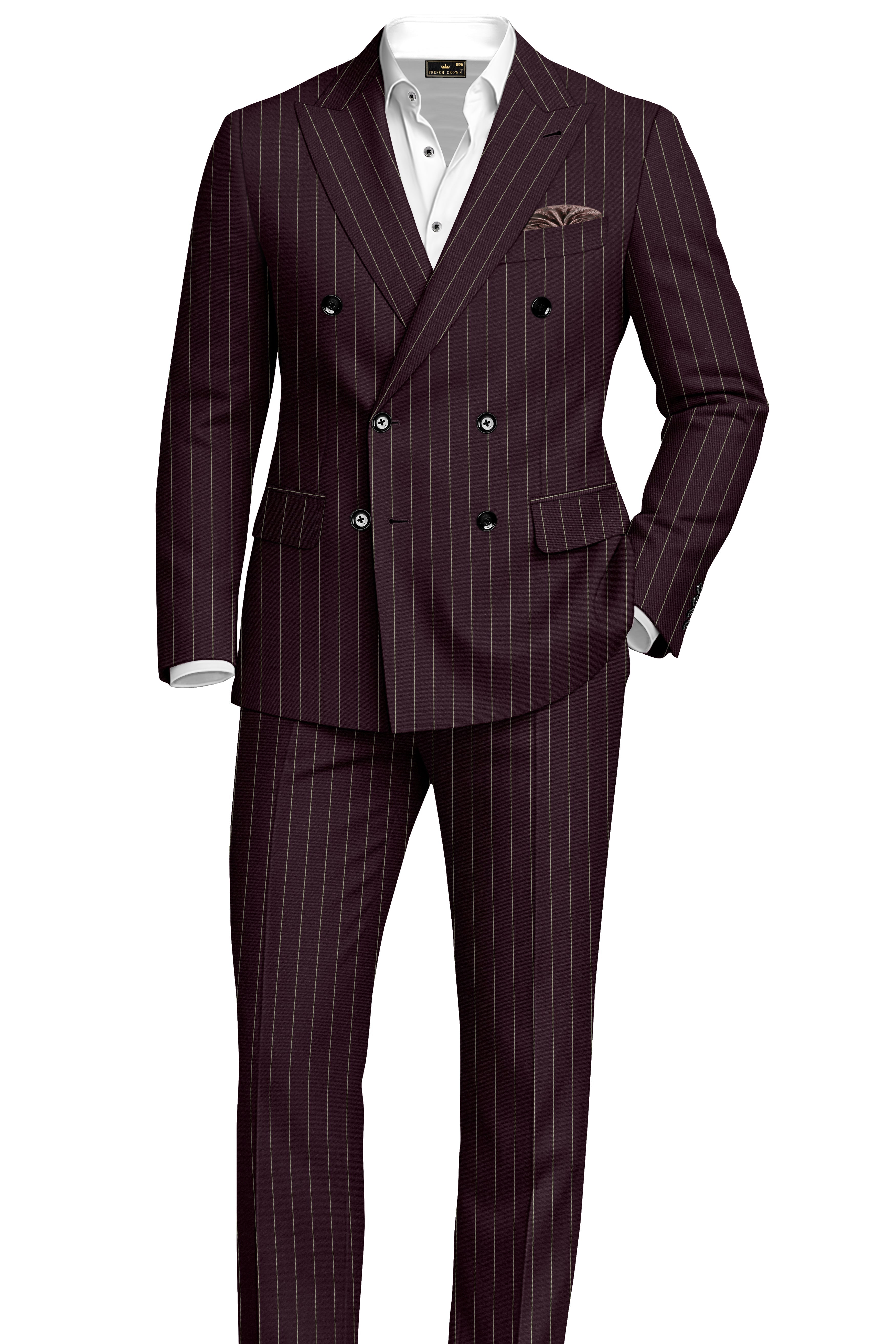 Valiant-Seal Maroon And Bright White Chalk Striped Wool Rich Slight Stretch Double Breasted Blazer