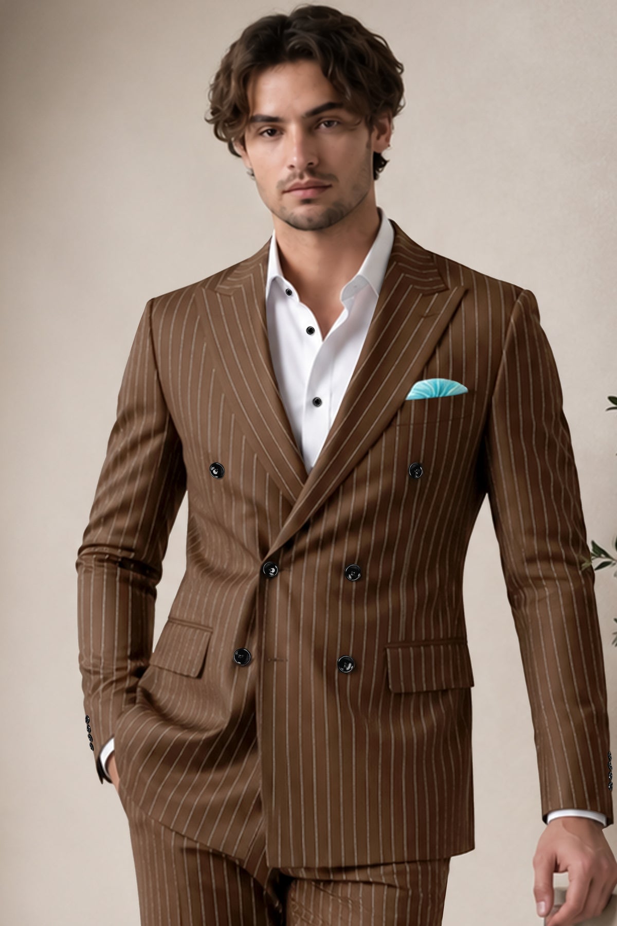 Bristol-Iroko Brown And Bright White Chalk Striped Wool Rich Slight Stretch Double Breasted Blazer