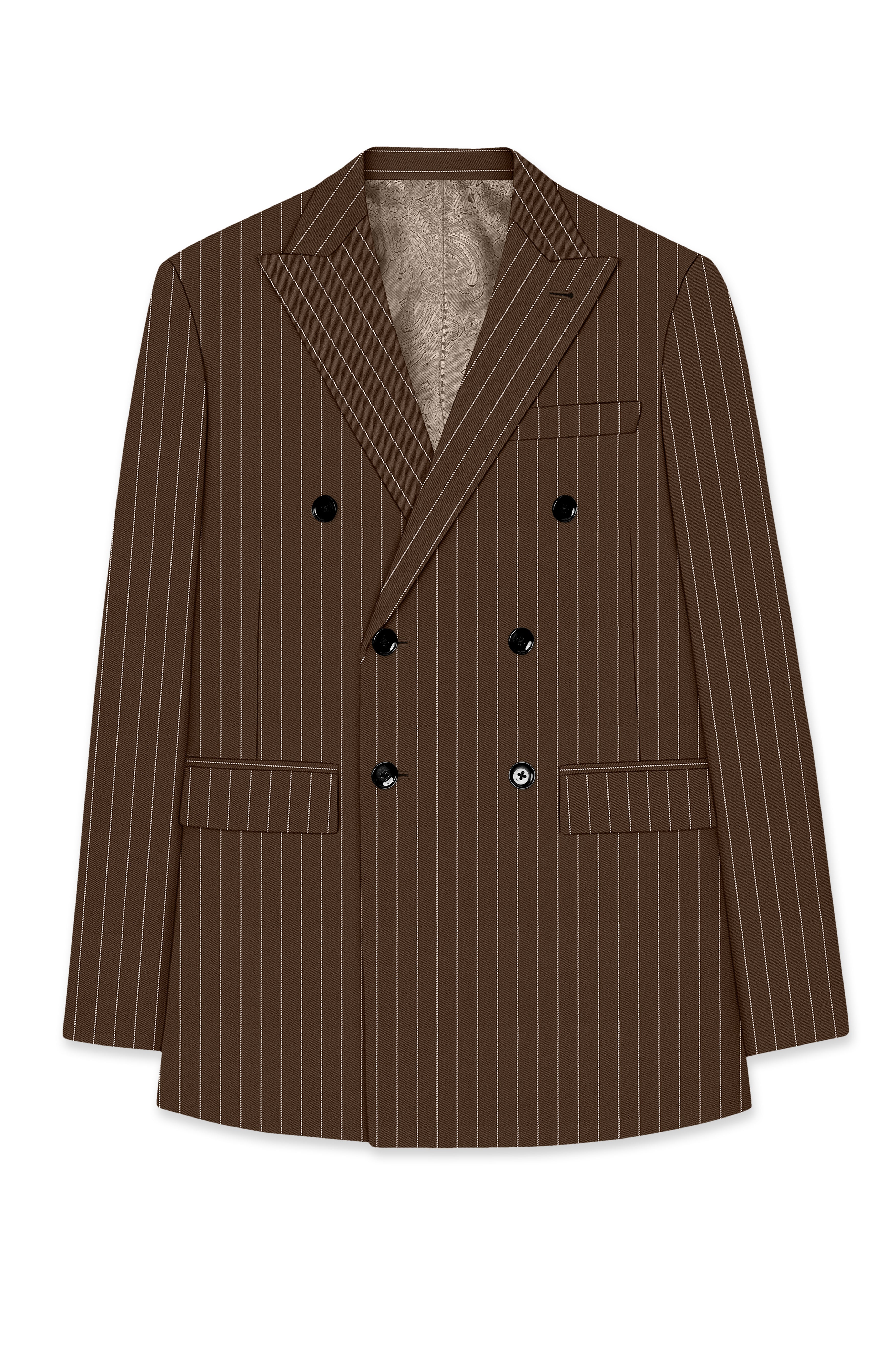 Bristol-Iroko Brown And Bright White Chalk Striped Wool Rich Slight Stretch Double Breasted Blazer