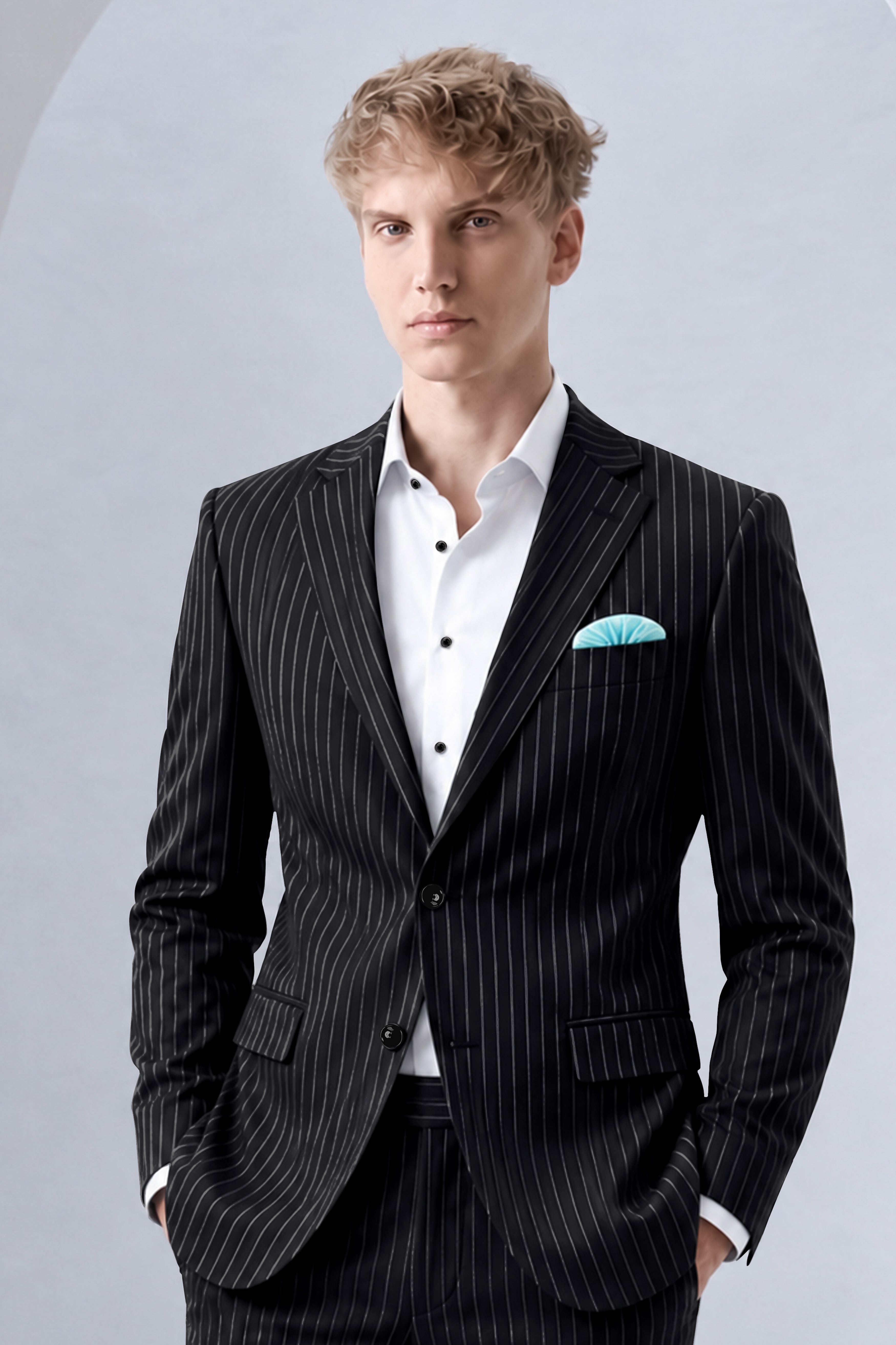 Strivon-Jade Black And Bright White Chalk Striped Wool Rich Slight Stretch Single Breasted Blazer