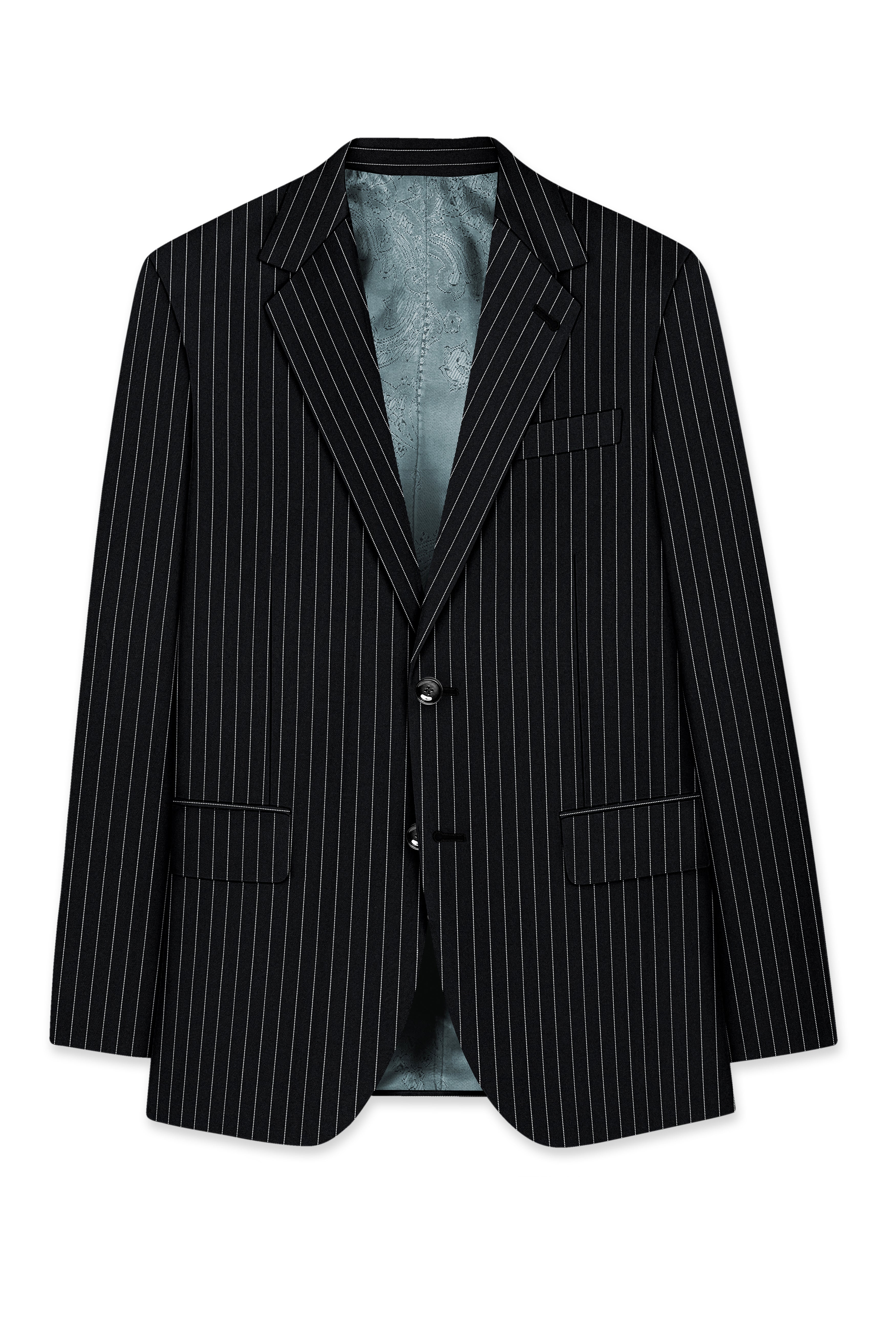 Strivon-Jade Black And Bright White Chalk Striped Wool Rich Slight Stretch Single Breasted Blazer