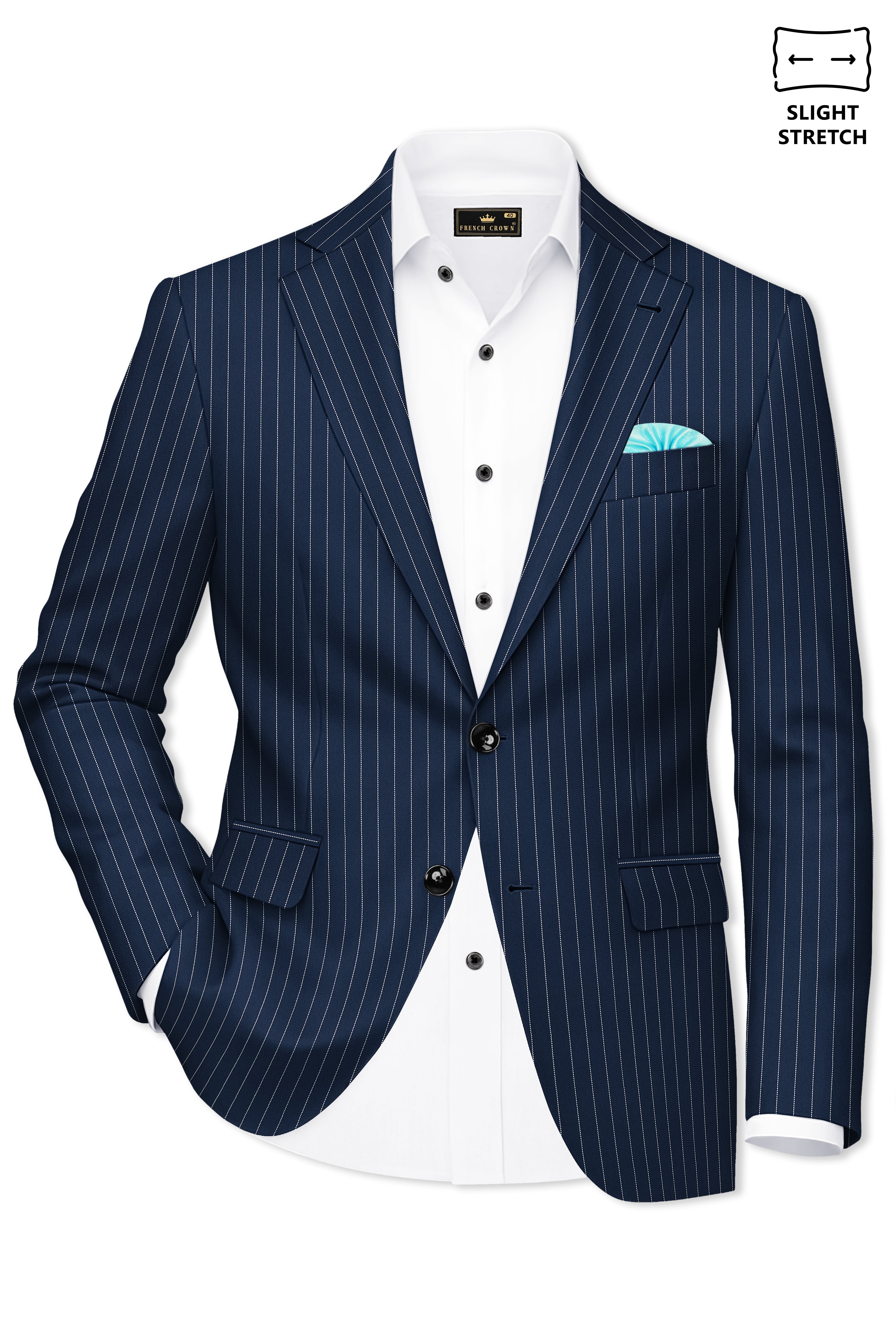 Veritus-Zodiac Blue And Bright White Chalk Striped Wool Rich Slight Stretch Single Breasted Blazer