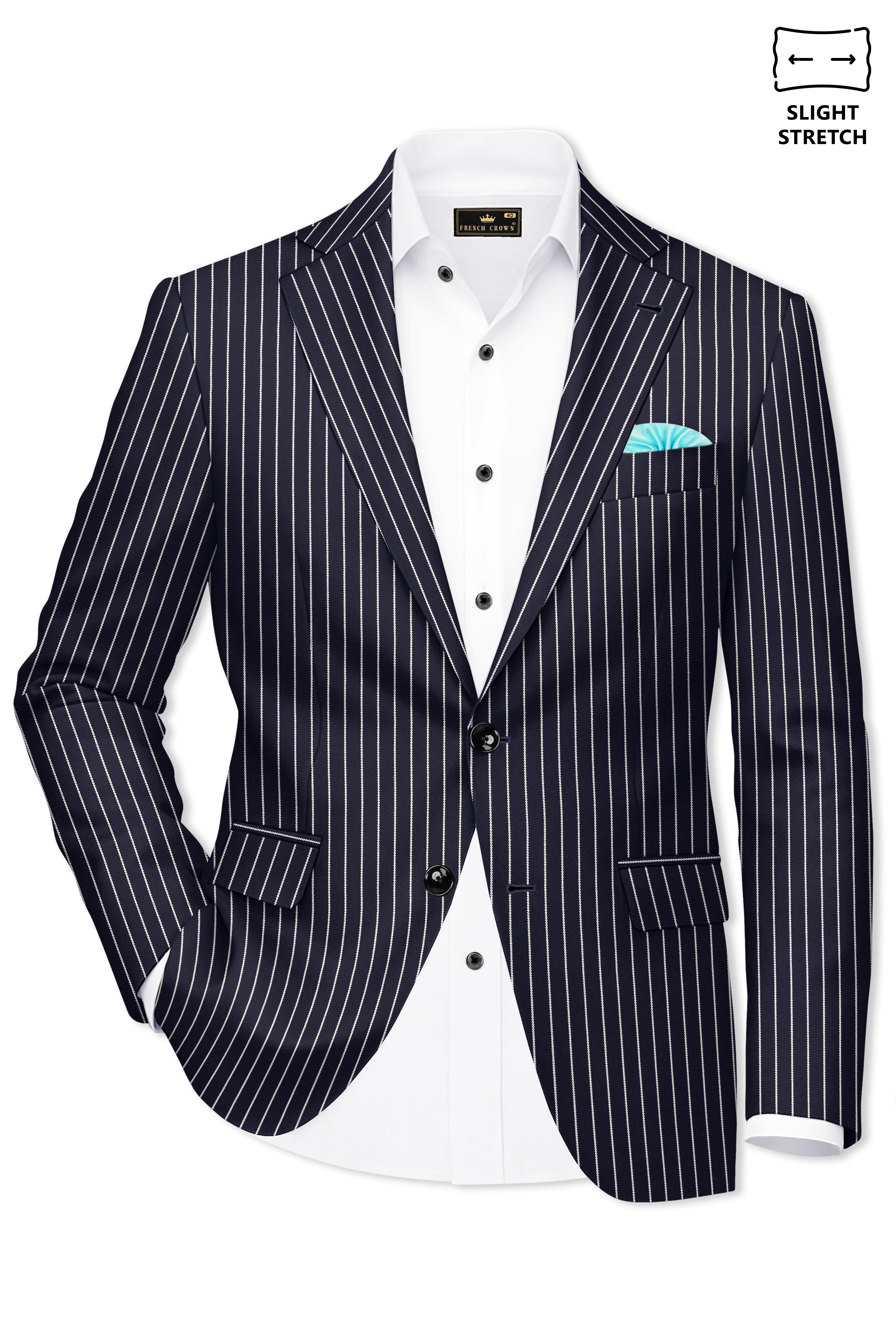Maris-Baltic Sea Blue And Bright White Chalk Striped Wool Rich Slight Stretch Single Breasted Blazer