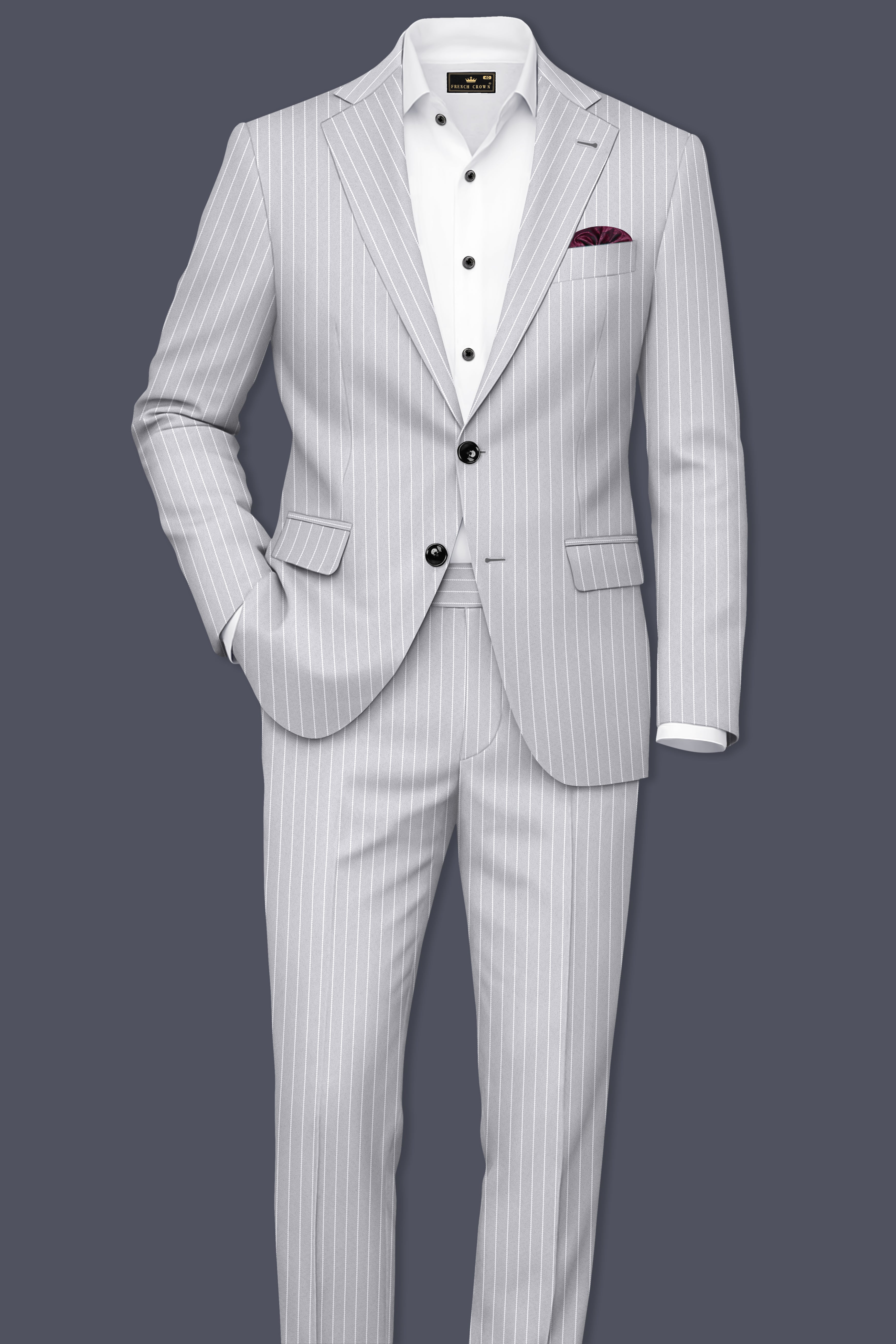 Sterlan-Goose Gray And Bright White Chalk Striped Wool Rich Slight Stretch Single Breasted Blazer