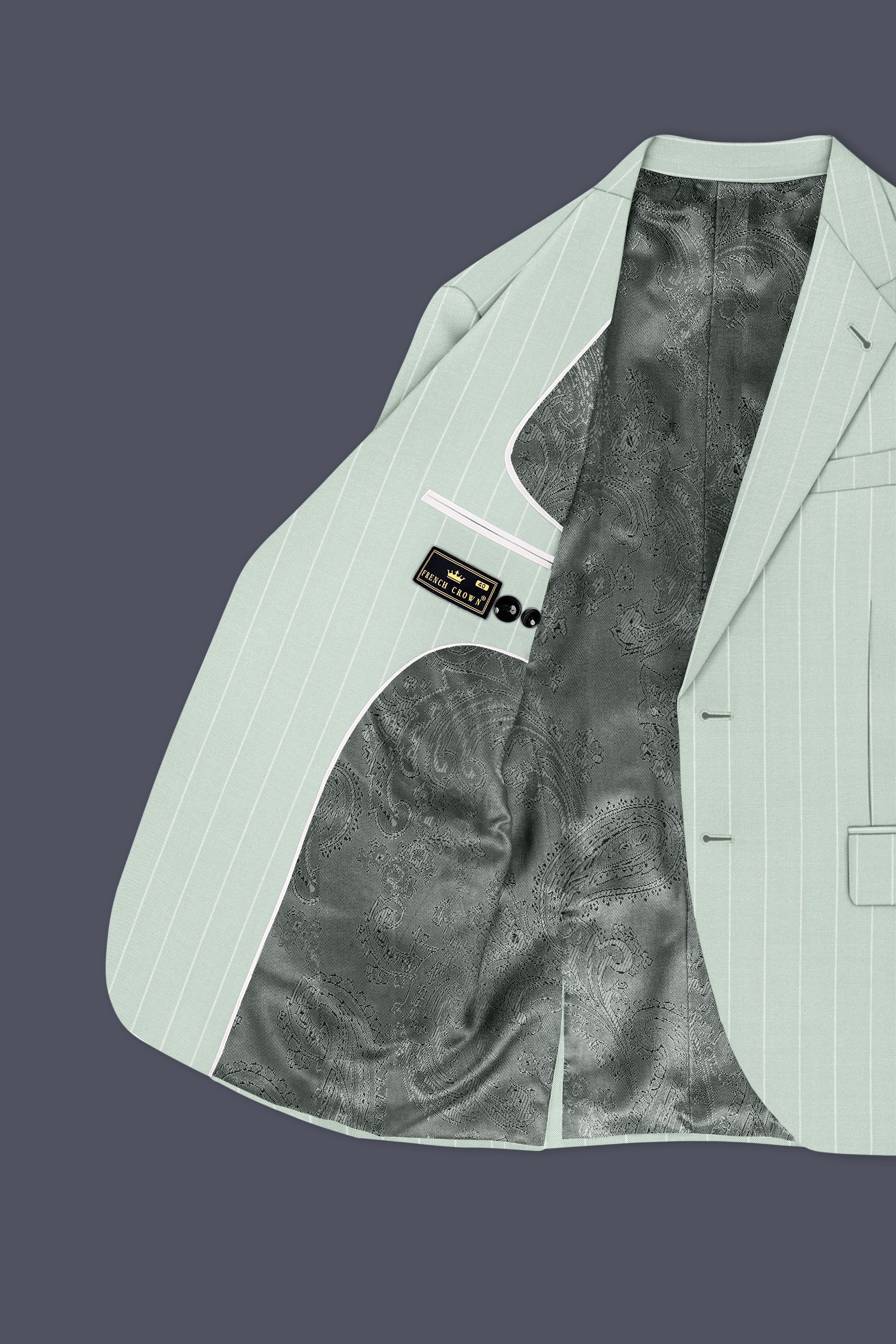 Halcyon-Pale Leaf Green And Bright White Chalk Striped Wool Rich Slight Stretch Single Breasted Blazer