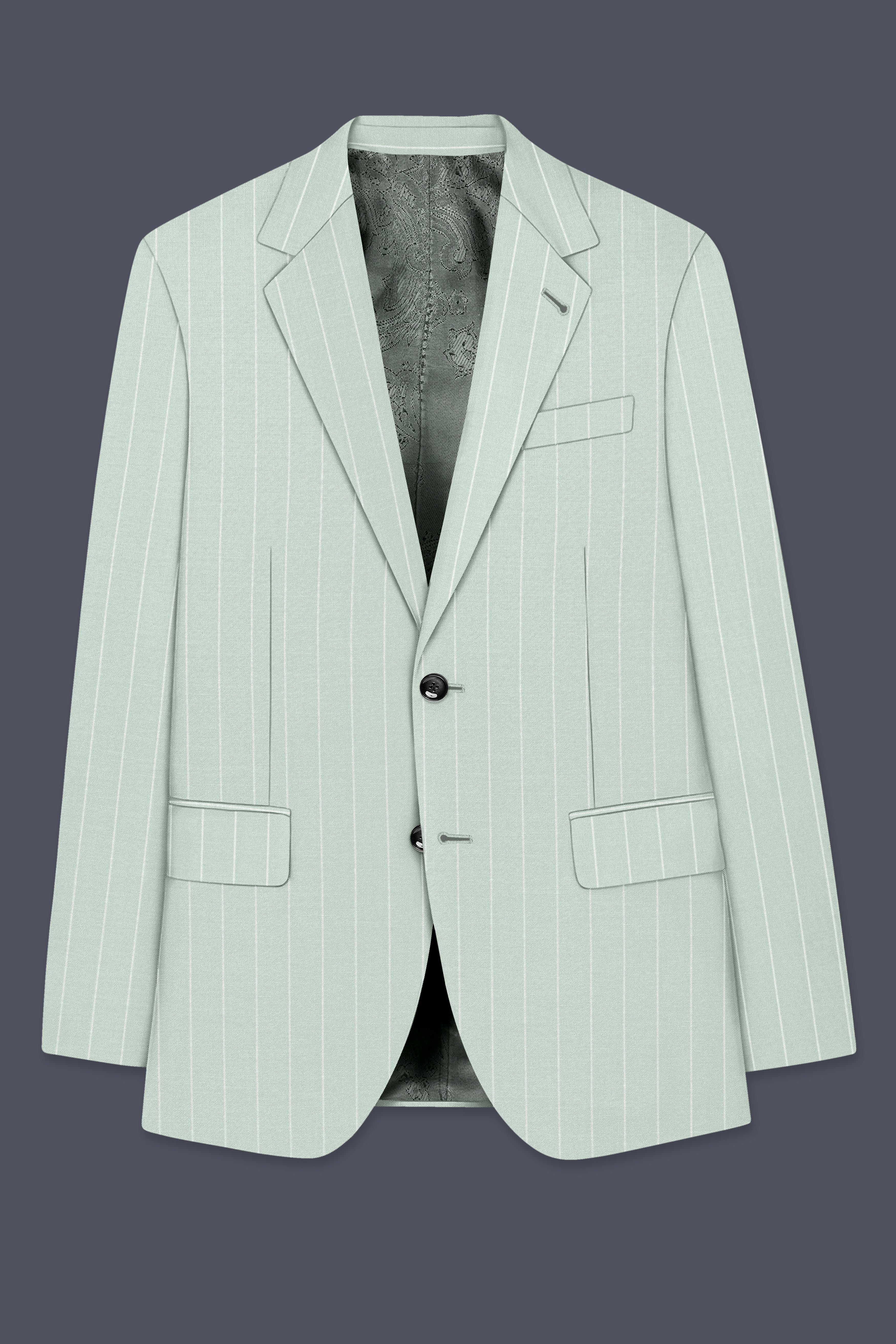 Halcyon-Pale Leaf Green And Bright White Chalk Striped Wool Rich Slight Stretch Single Breasted Blazer