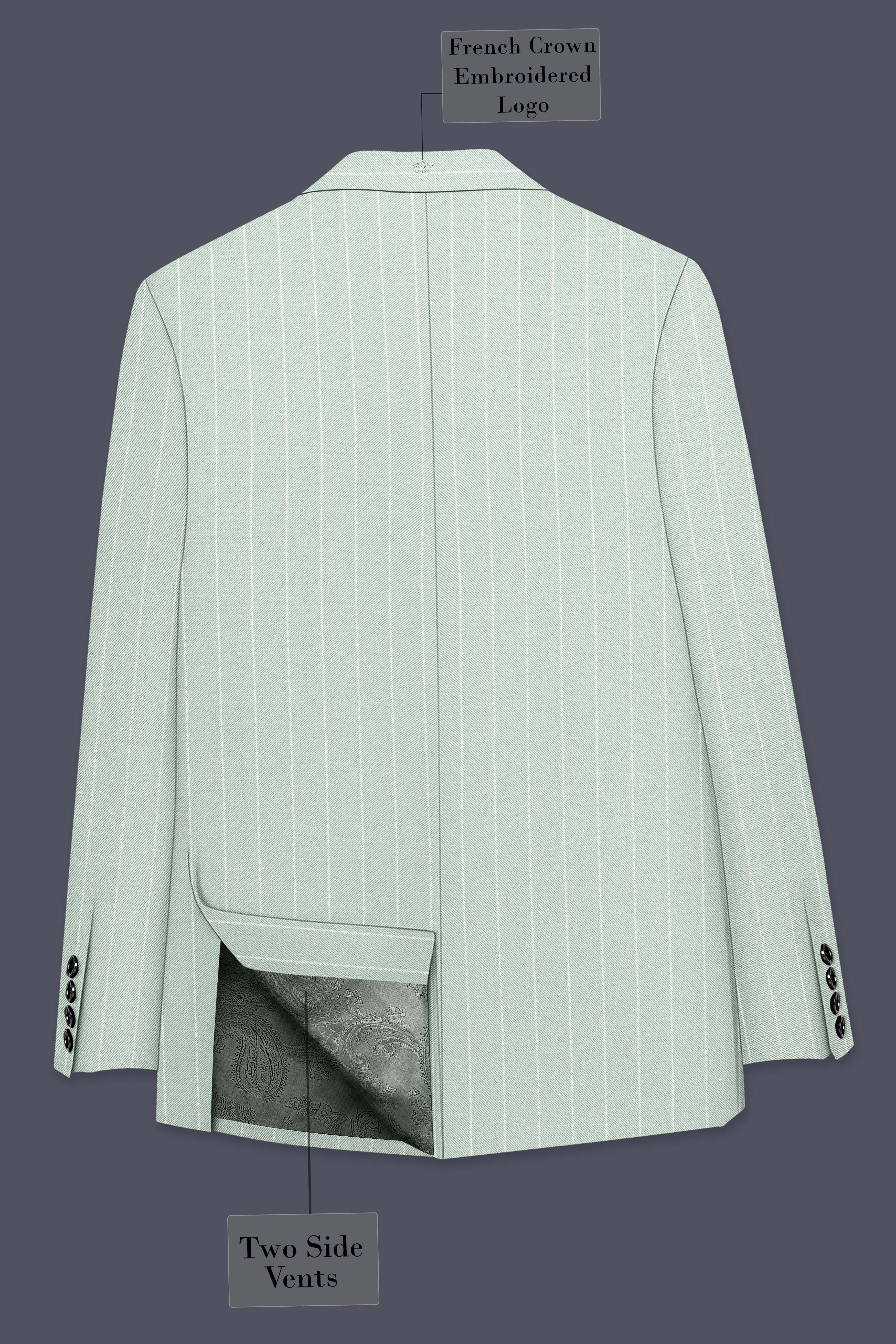 Halcyon-Pale Leaf Green And Bright White Chalk Striped Wool Rich Slight Stretch Single Breasted Blazer
