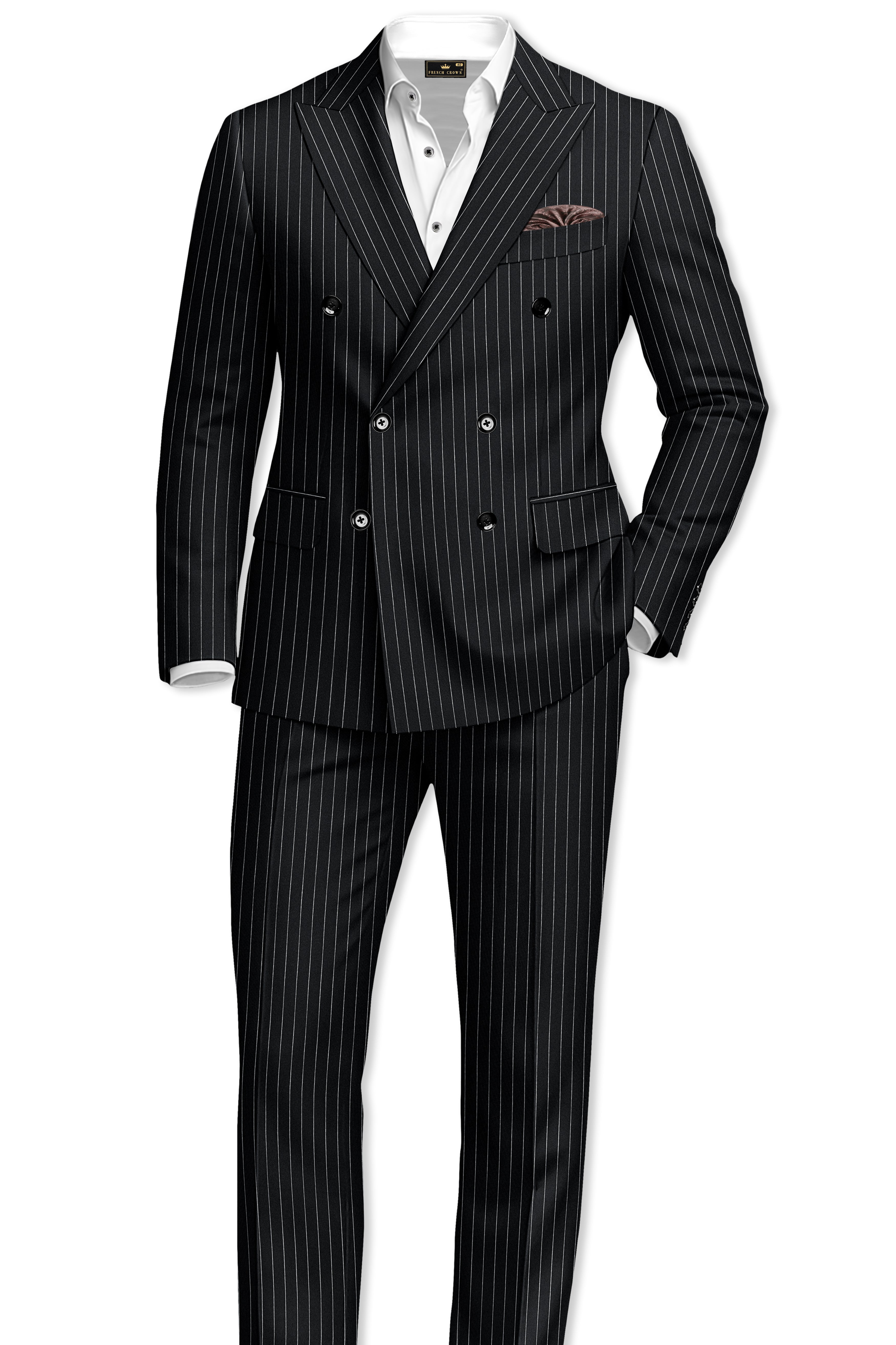 Strivon-Jade Black And Bright White Chalk Striped Wool Rich Slight Stretch Double Breasted Blazer