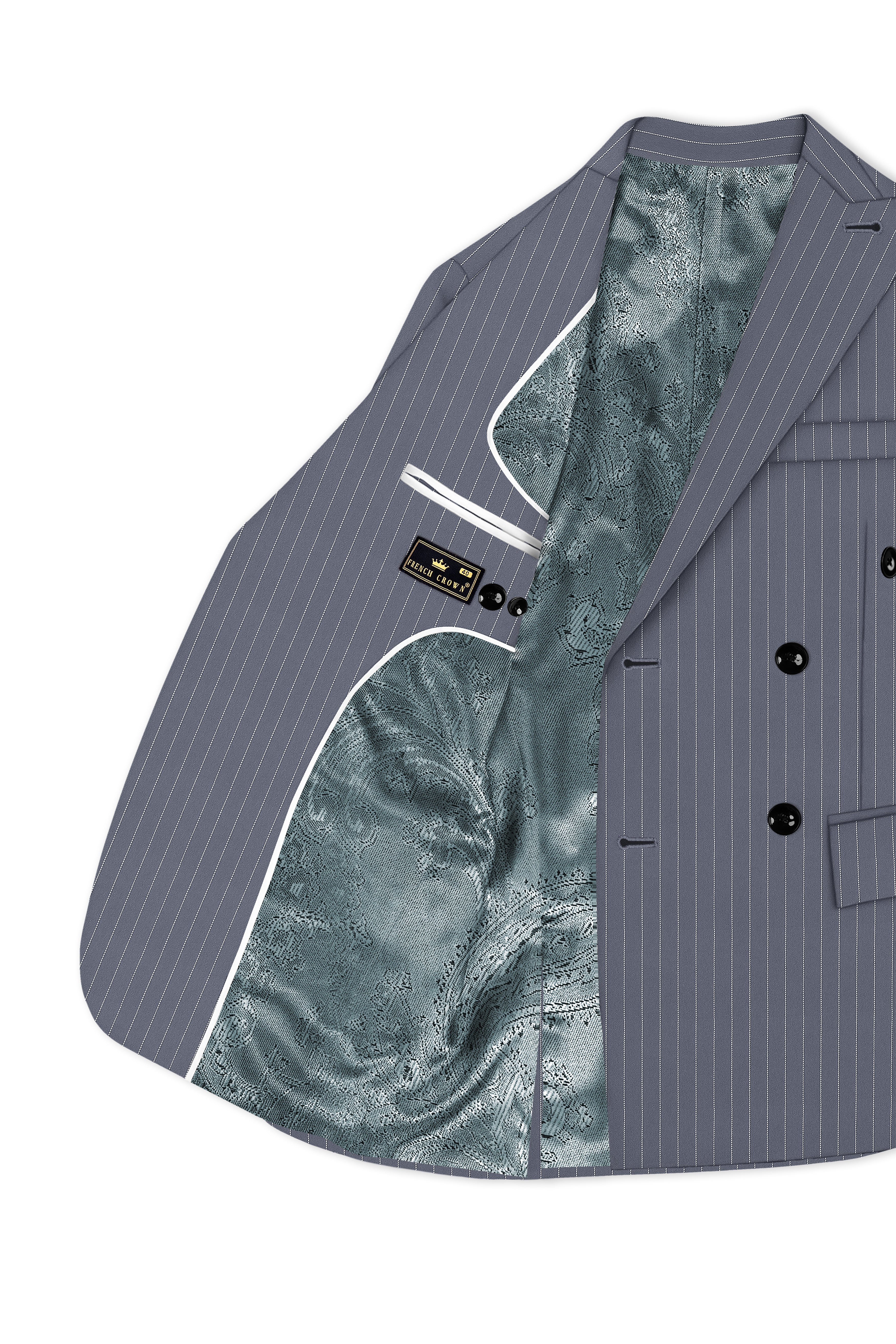 Monarch-Shark Gray And Bright White Chalk Striped Wool Rich Slight Stretch Double Breasted Blazer