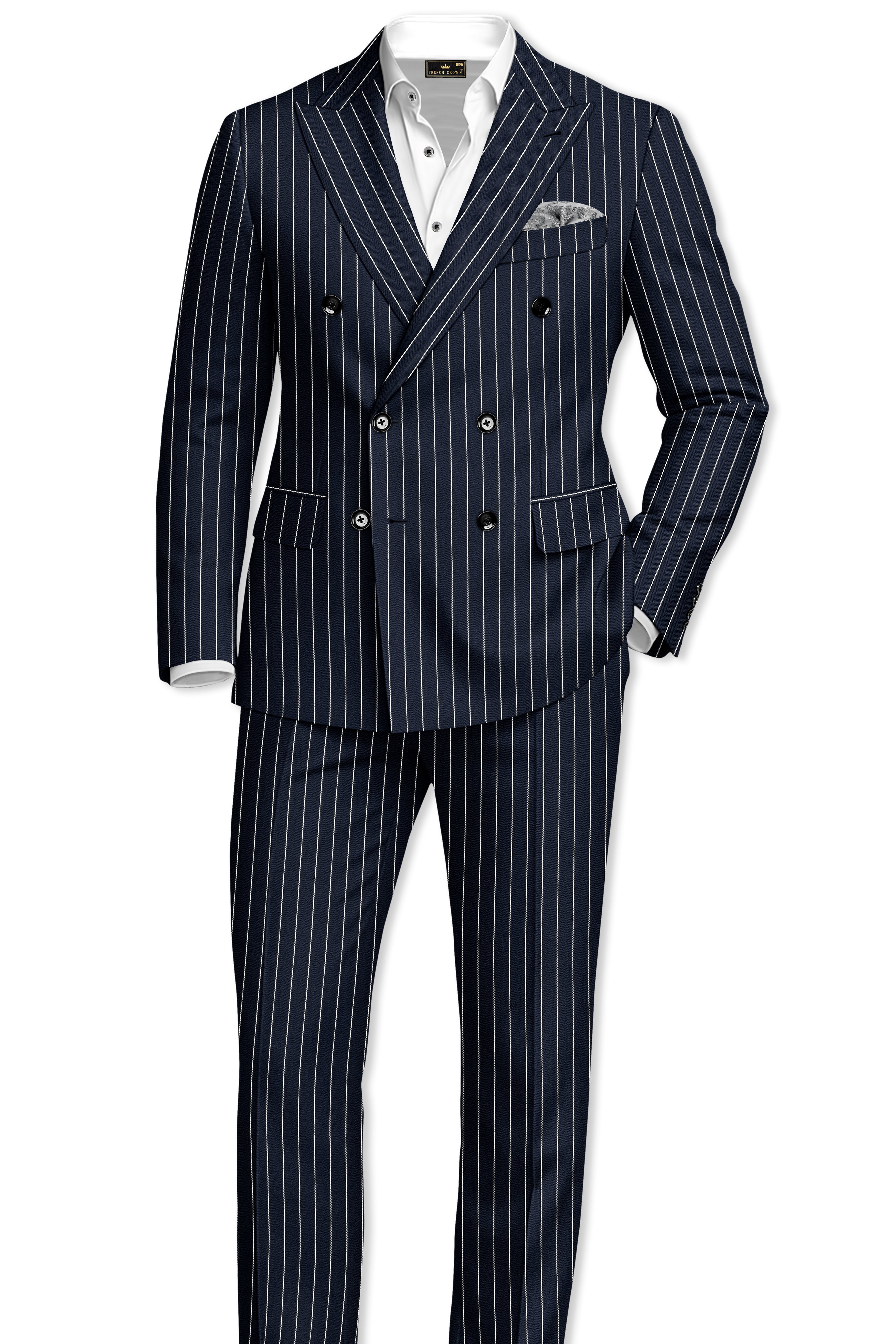 Echelon-Vulcan Blue Herringbone Striped Wool Rich Slight Stretch Double Breasted Blazer
