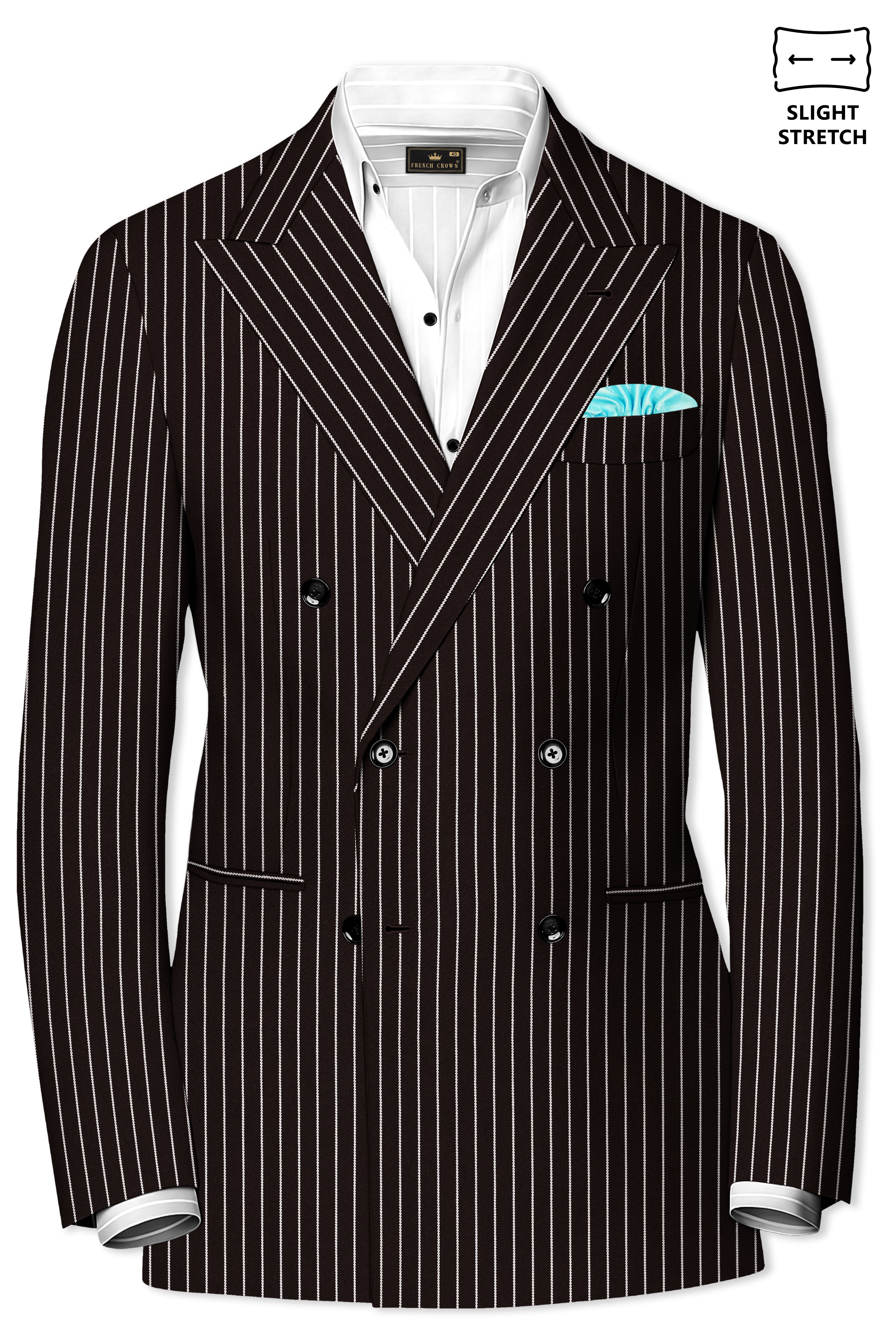 Bastion-Gondola Brown And Bright White Chalk Striped Wool Rich Slight Stretch Double Breasted Blazer