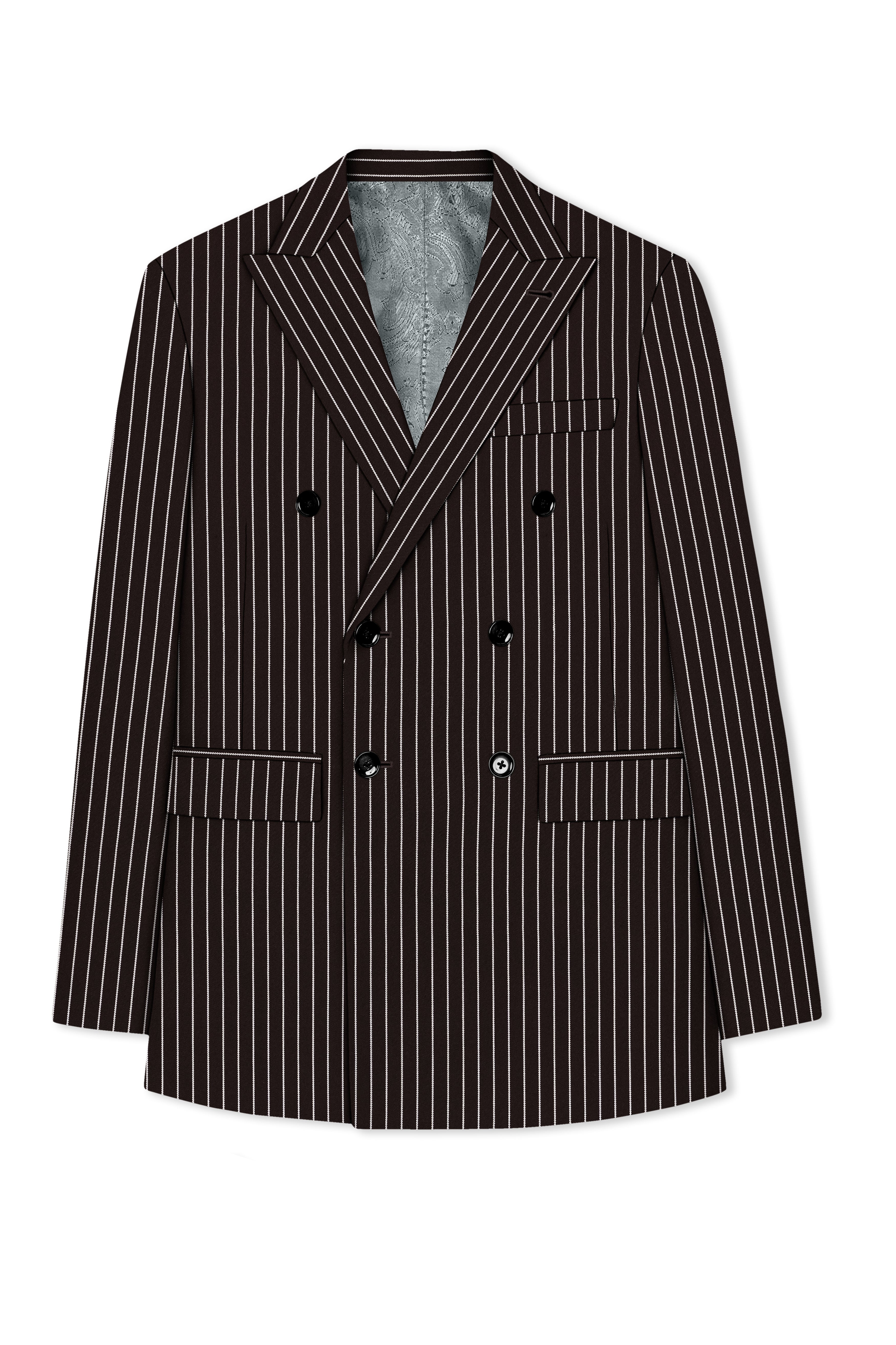 Bastion-Gondola Brown And Bright White Chalk Striped Wool Rich Slight Stretch Double Breasted Blazer