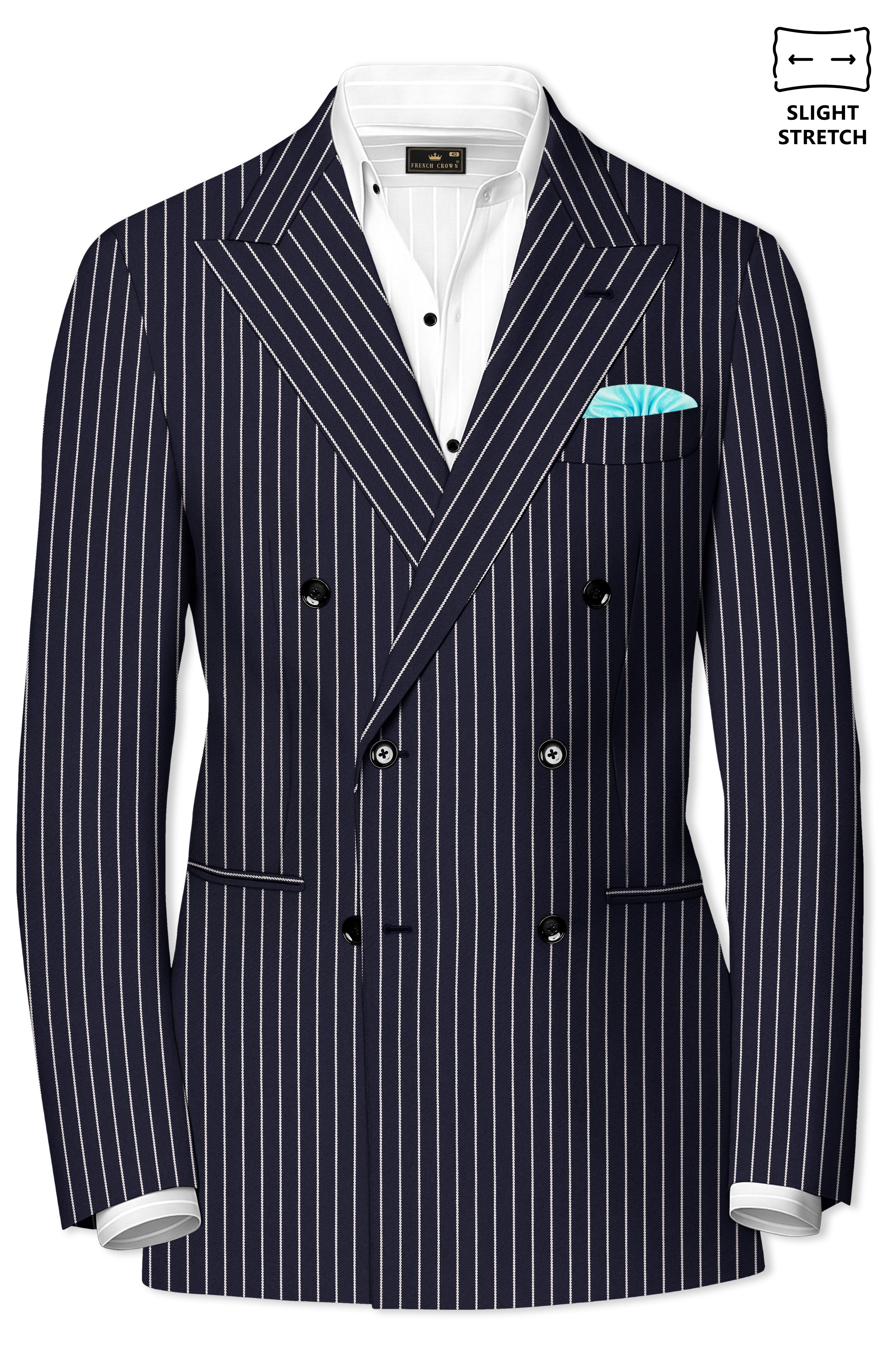Maris-Baltic Sea Blue And Bright White Chalk Striped Wool Rich Slight Stretch Double Breasted Blazer