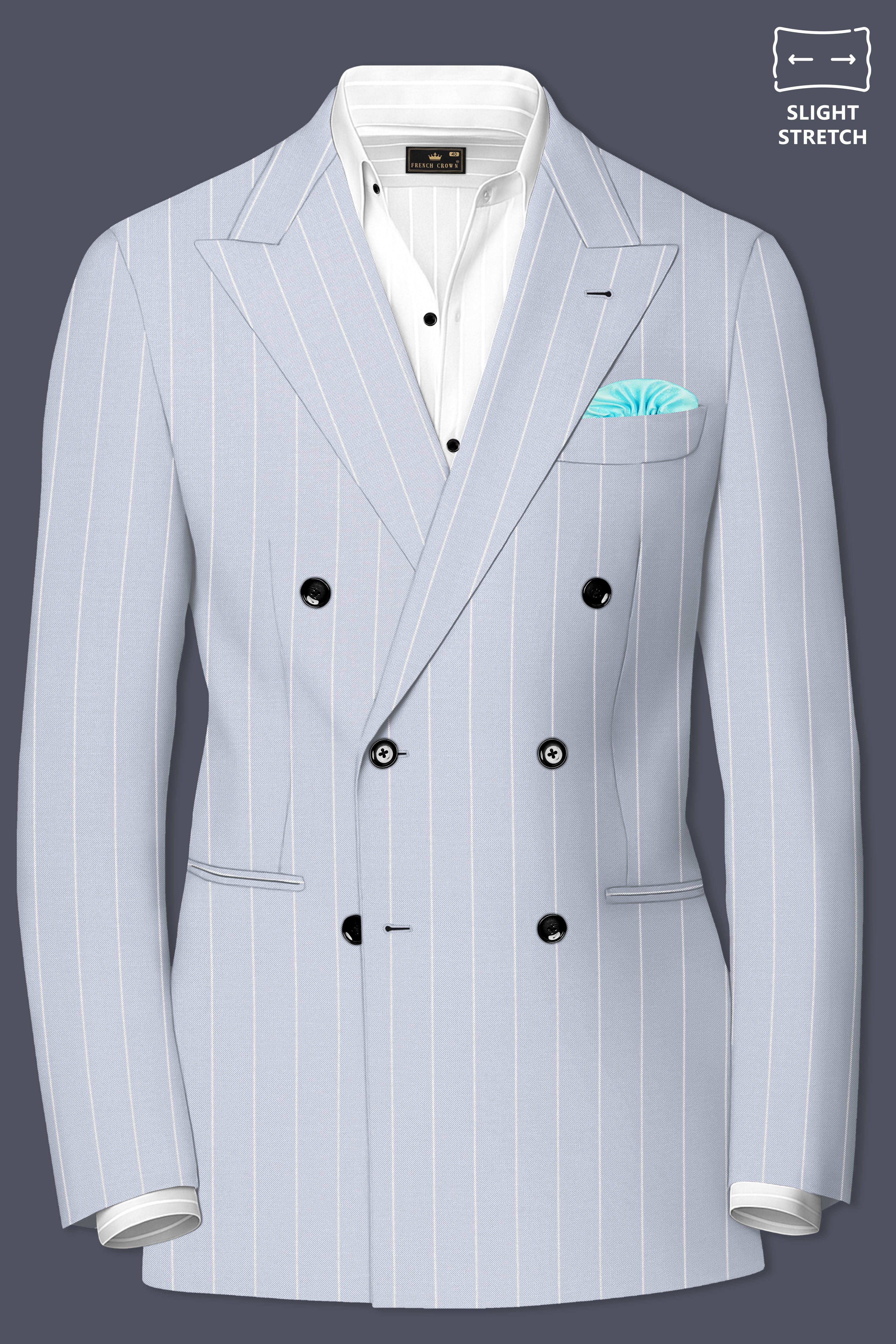 Axiom-Loblolly Gray And Bright White Chalk Striped Wool Rich Slight Stretch Double Breasted Blazer