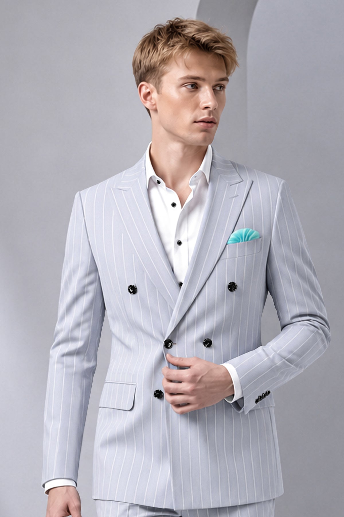 Axiom-Loblolly Gray And Bright White Chalk Striped Wool Rich Slight Stretch Double Breasted Blazer