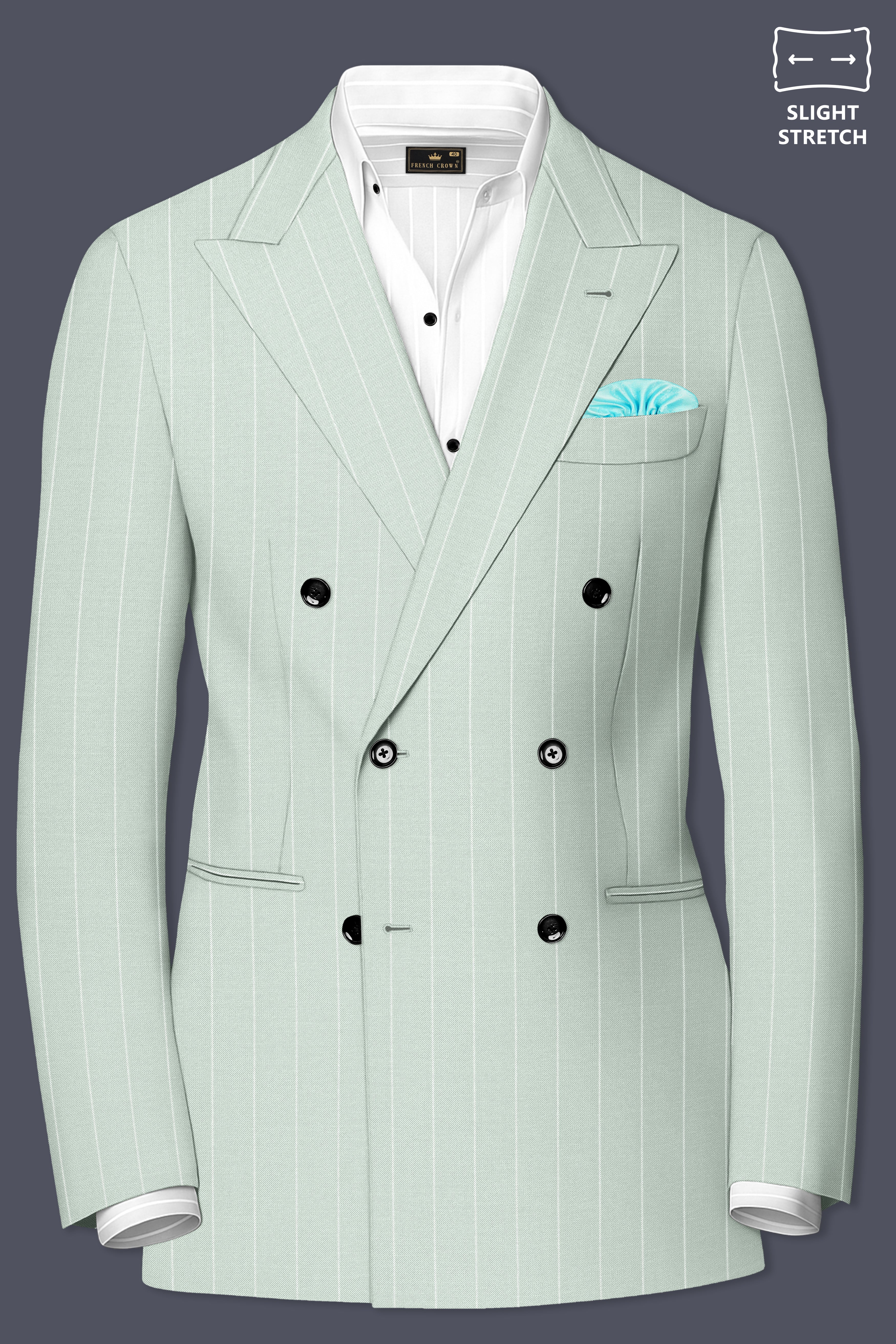 Halcyon-Pale Leaf Green And Bright White Chalk Striped Wool Rich Slight Stretch Double Breasted Blazer