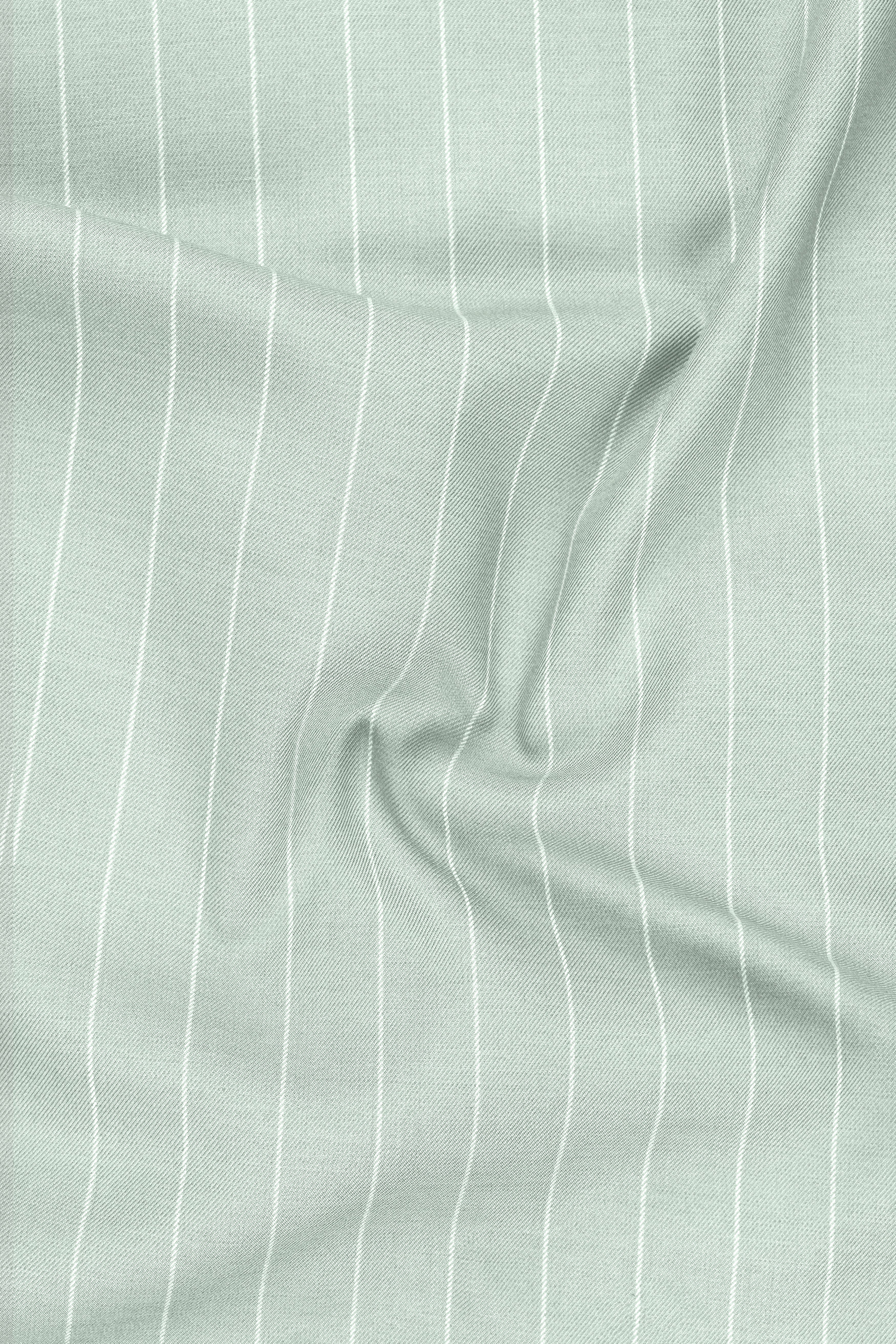 Halcyon-Pale Leaf Green And Bright White Chalk Striped Wool Rich Slight Stretch Double Breasted Blazer