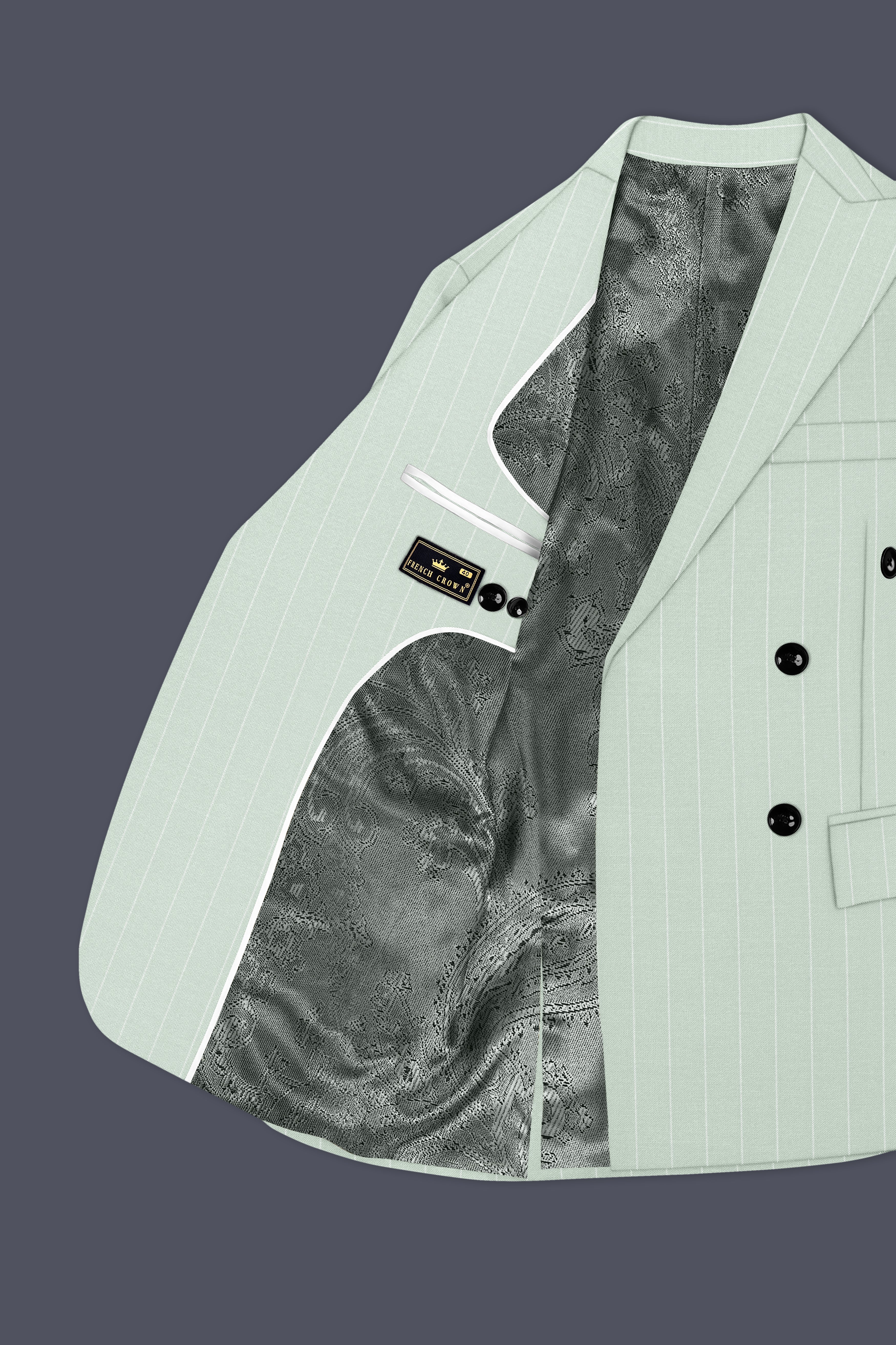 Halcyon-Pale Leaf Green And Bright White Chalk Striped Wool Rich Slight Stretch Double Breasted Blazer