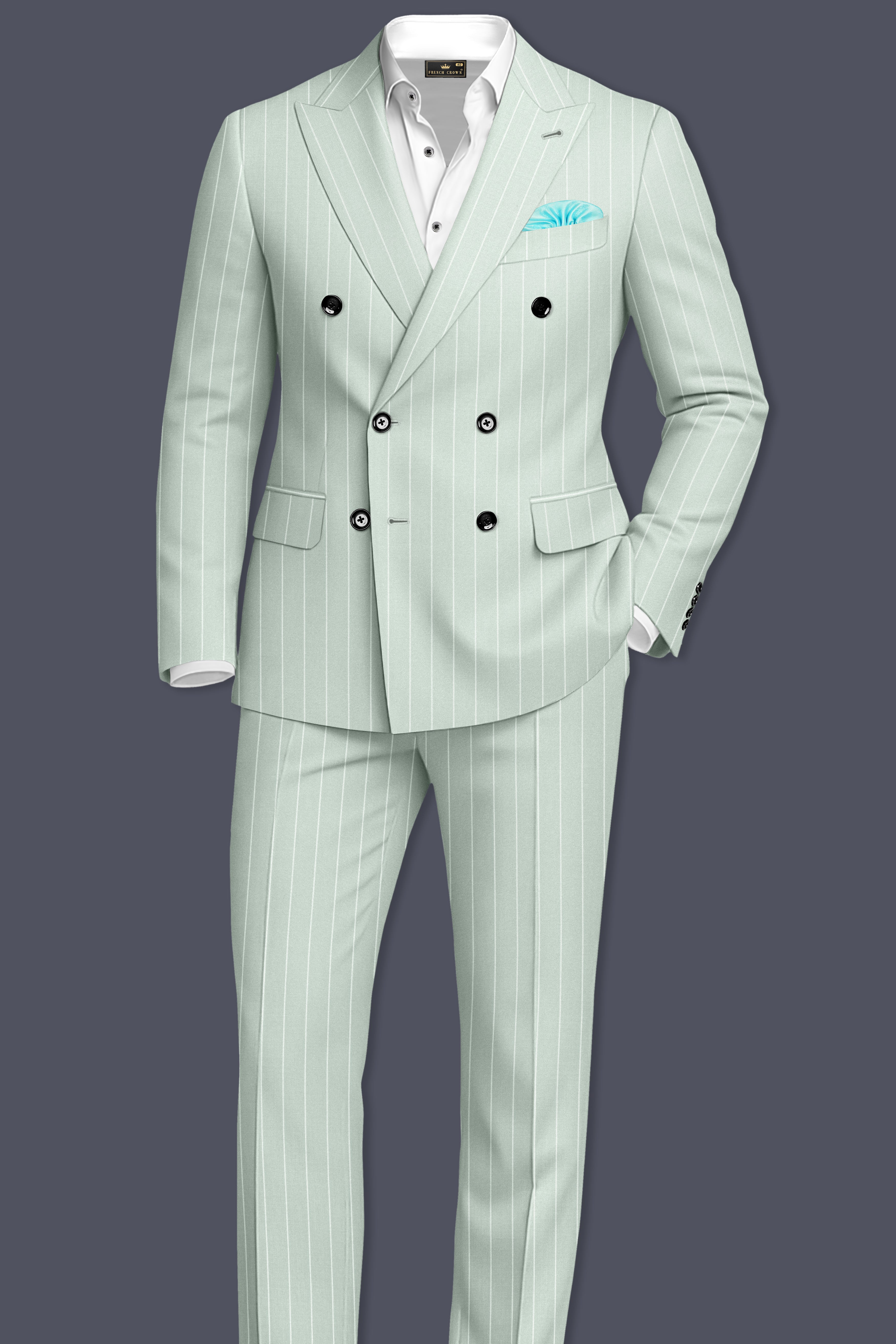Halcyon-Pale Leaf Green And Bright White Chalk Striped Wool Rich Slight Stretch Double Breasted Blazer