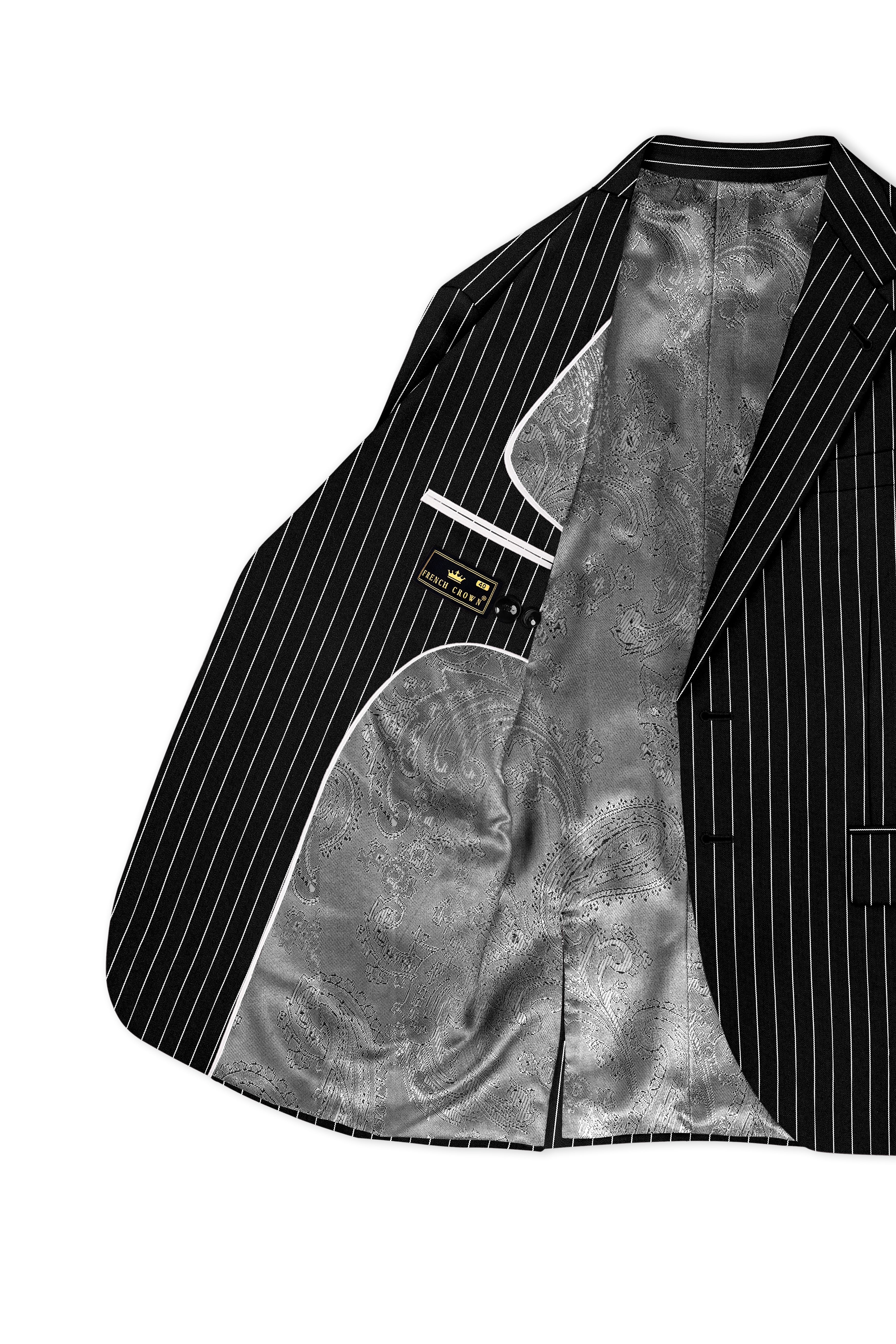 Noir-Jade Black Herringbone Striped Wool Rich Slight Stretch Single Breasted Blazer