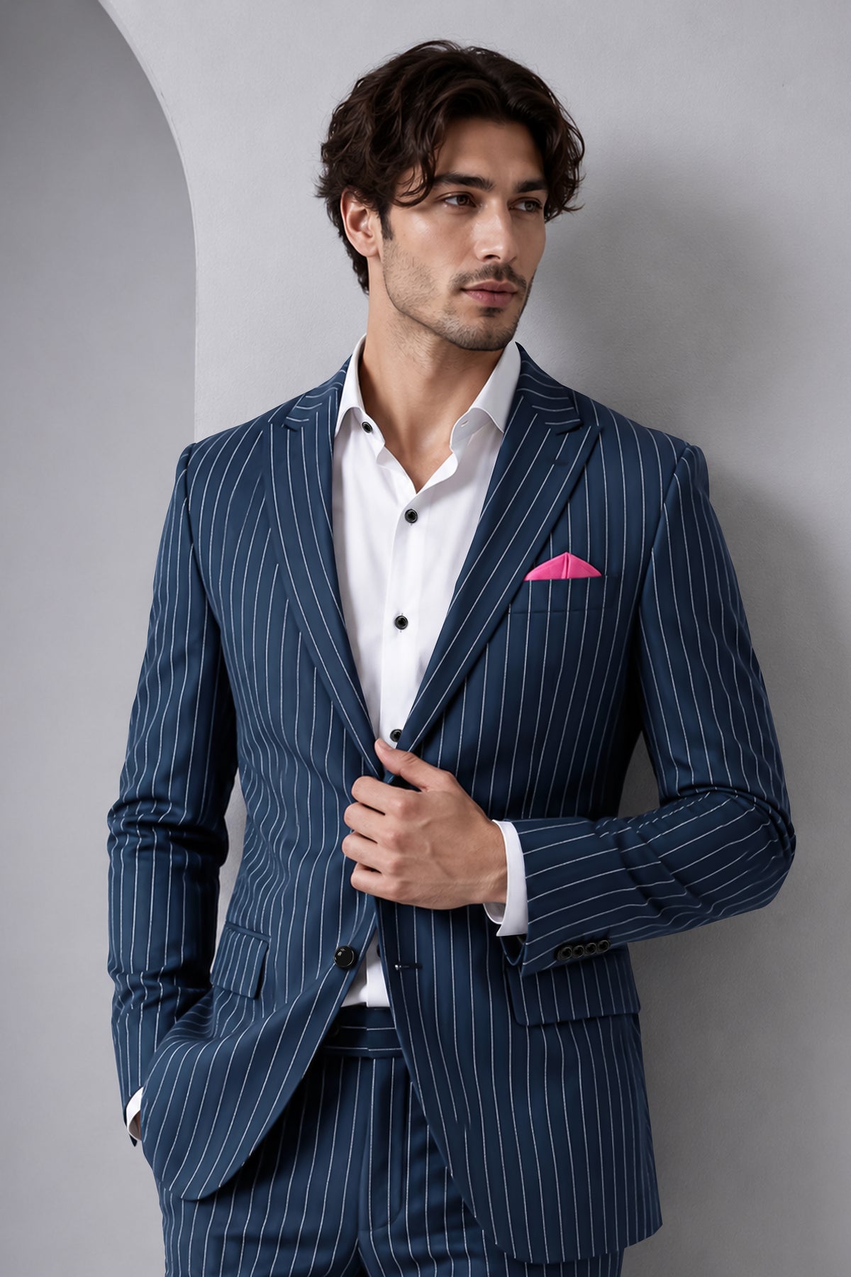 Astris-Space Blue Herringbone Striped Wool Rich Slight Stretch Single Breasted Blazer