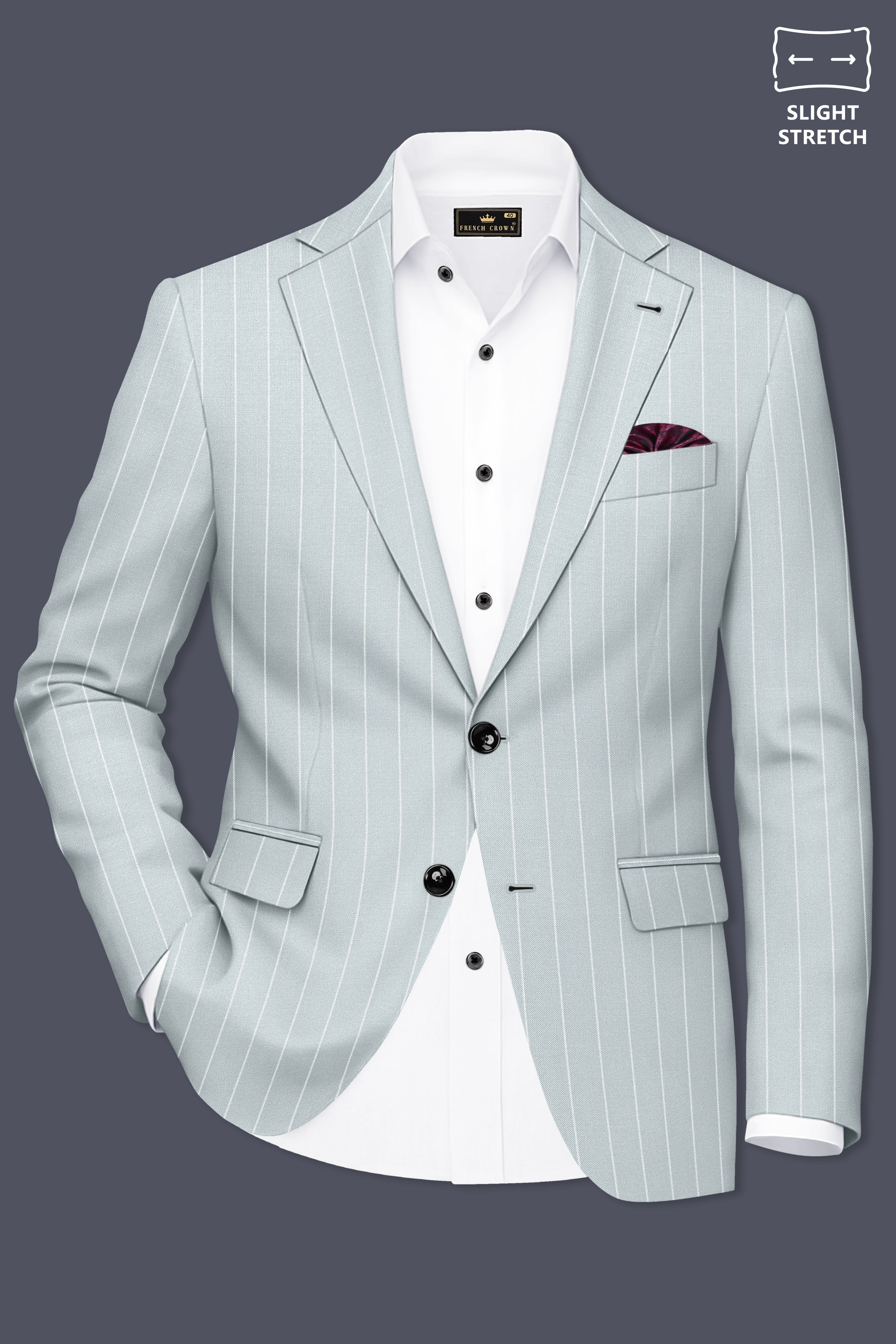 Slate-Tiara Gray And Bright White Chalk Striped Wool Rich Slight Stretch Single Breasted Blazer
