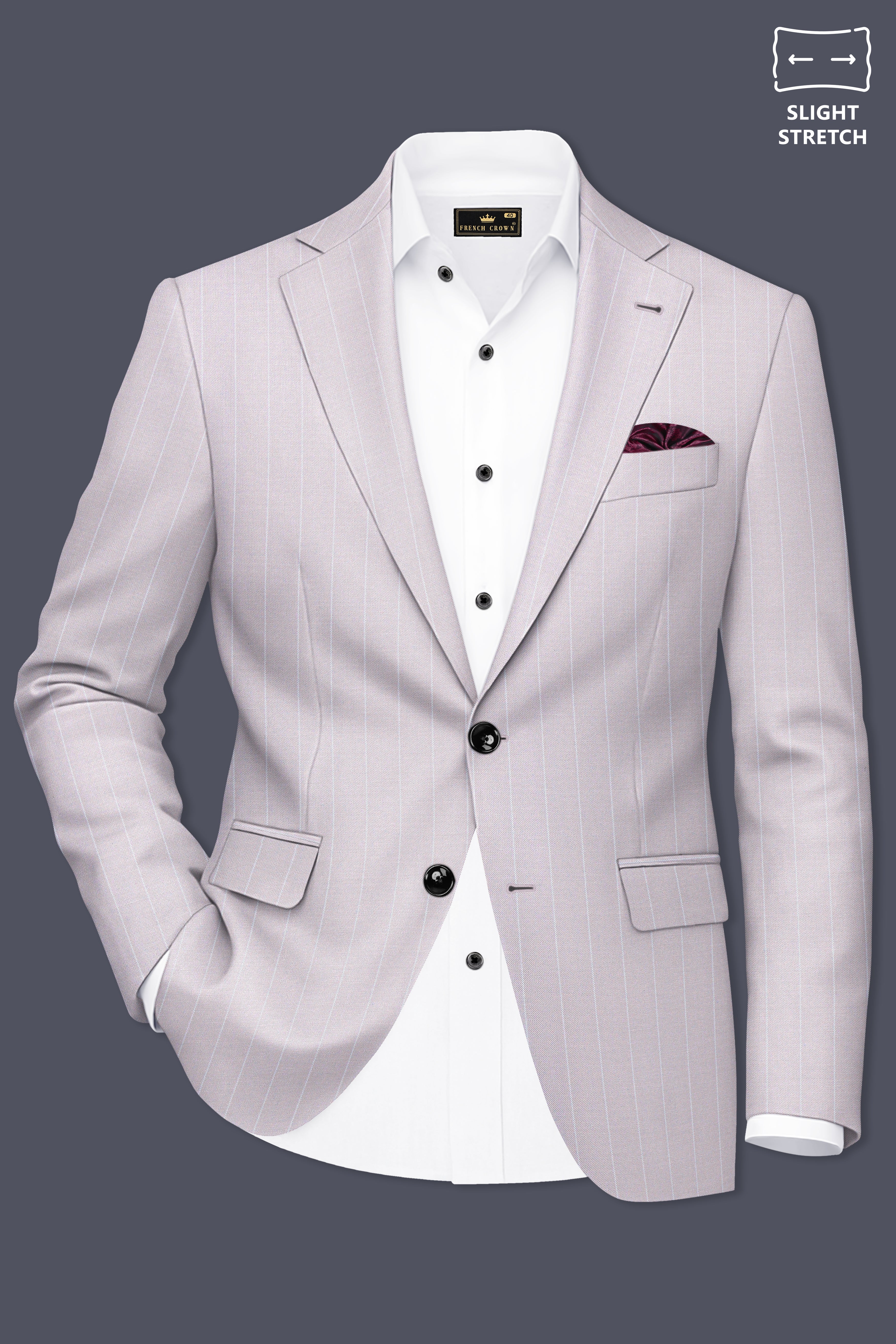 Roselle-Thistle Pink And Bright White Chalk Striped Wool Rich Slight Stretch Single Breasted Blazer