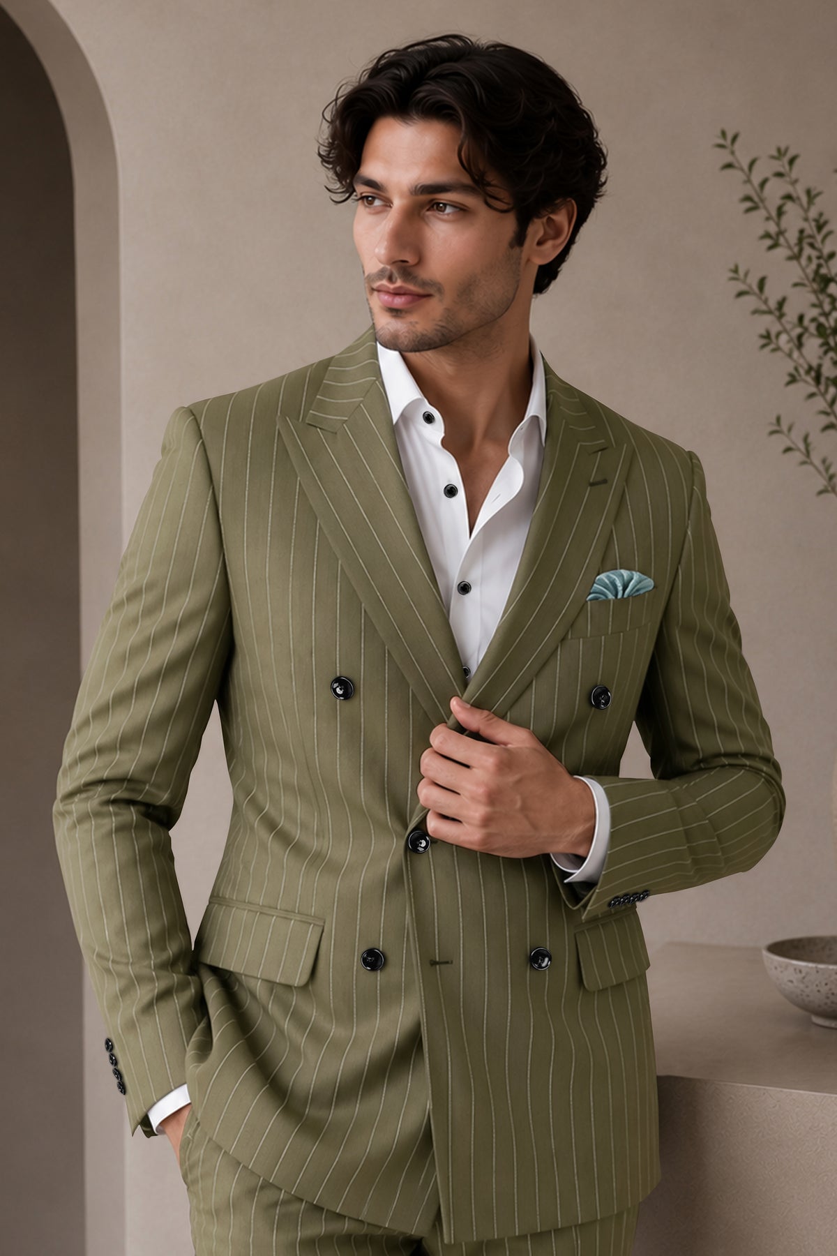 Pinacle-Hamlock Brown And Bright White Chalk Striped Wool Rich Slight Stretch Double Breasted Blazer