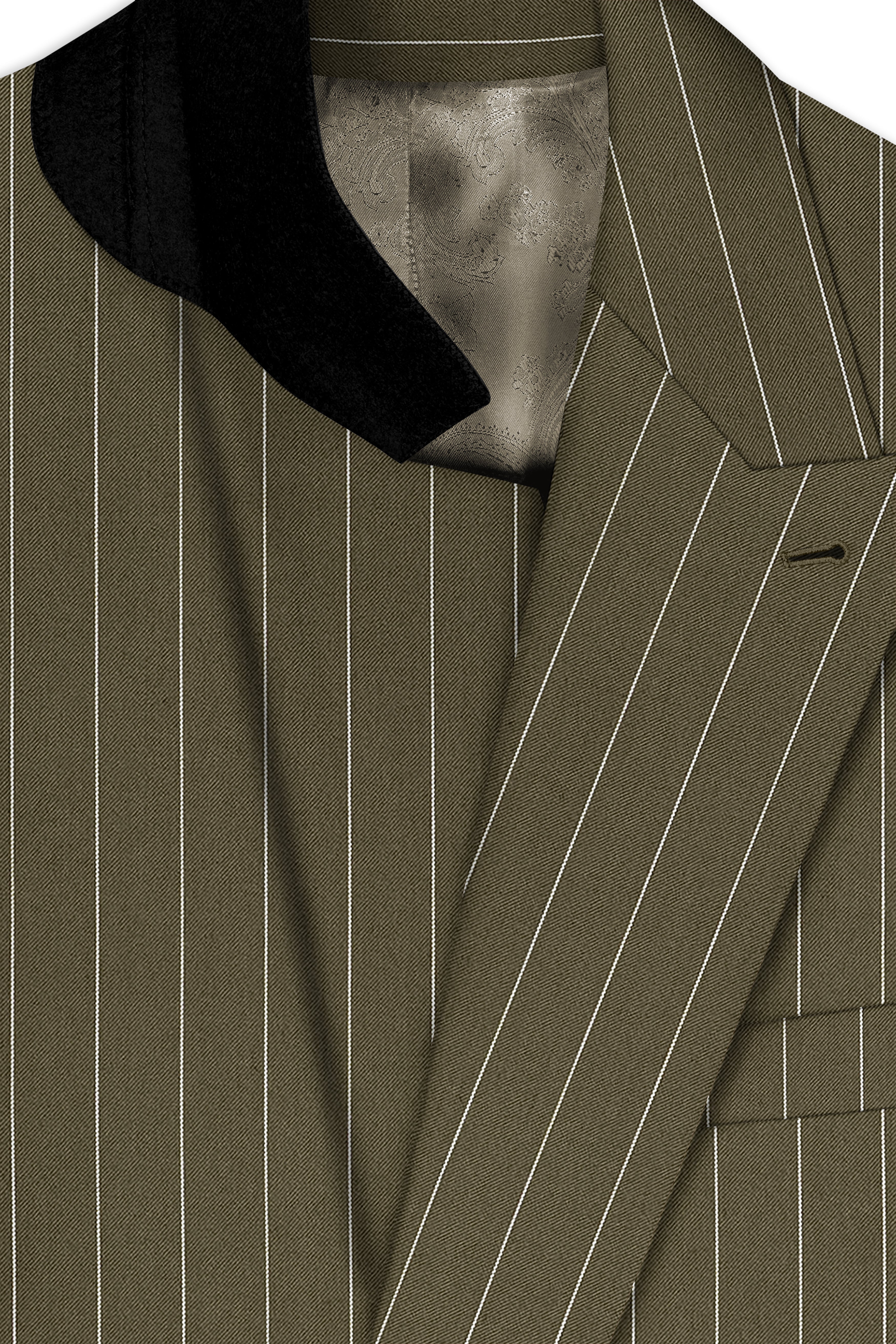 Pinacle-Hamlock Brown And Bright White Chalk Striped Wool Rich Slight Stretch Double Breasted Blazer