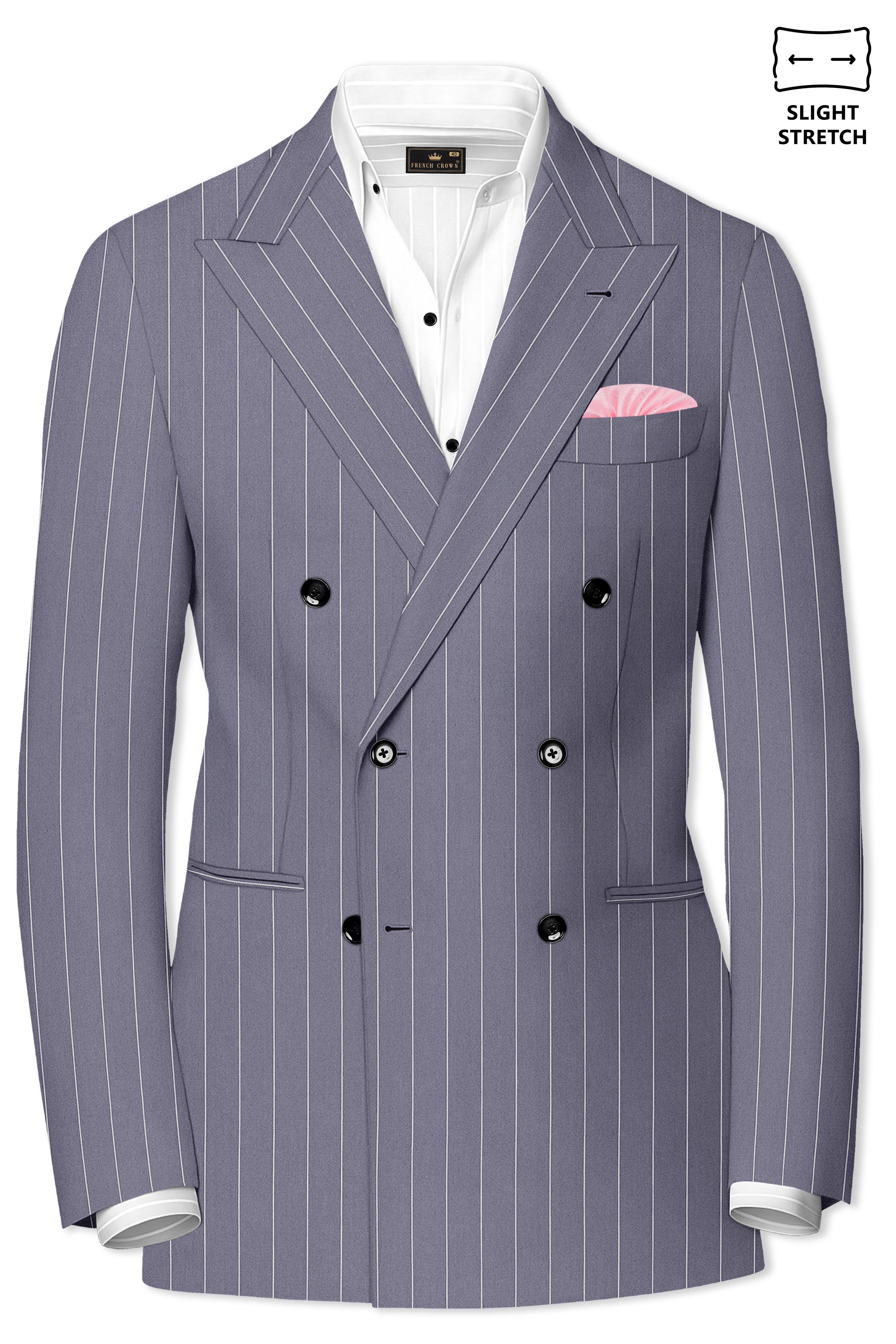 Regent-Mobster Gray And Bright White Chalk Striped Wool Rich Slight Stretch Double Breasted Blazer