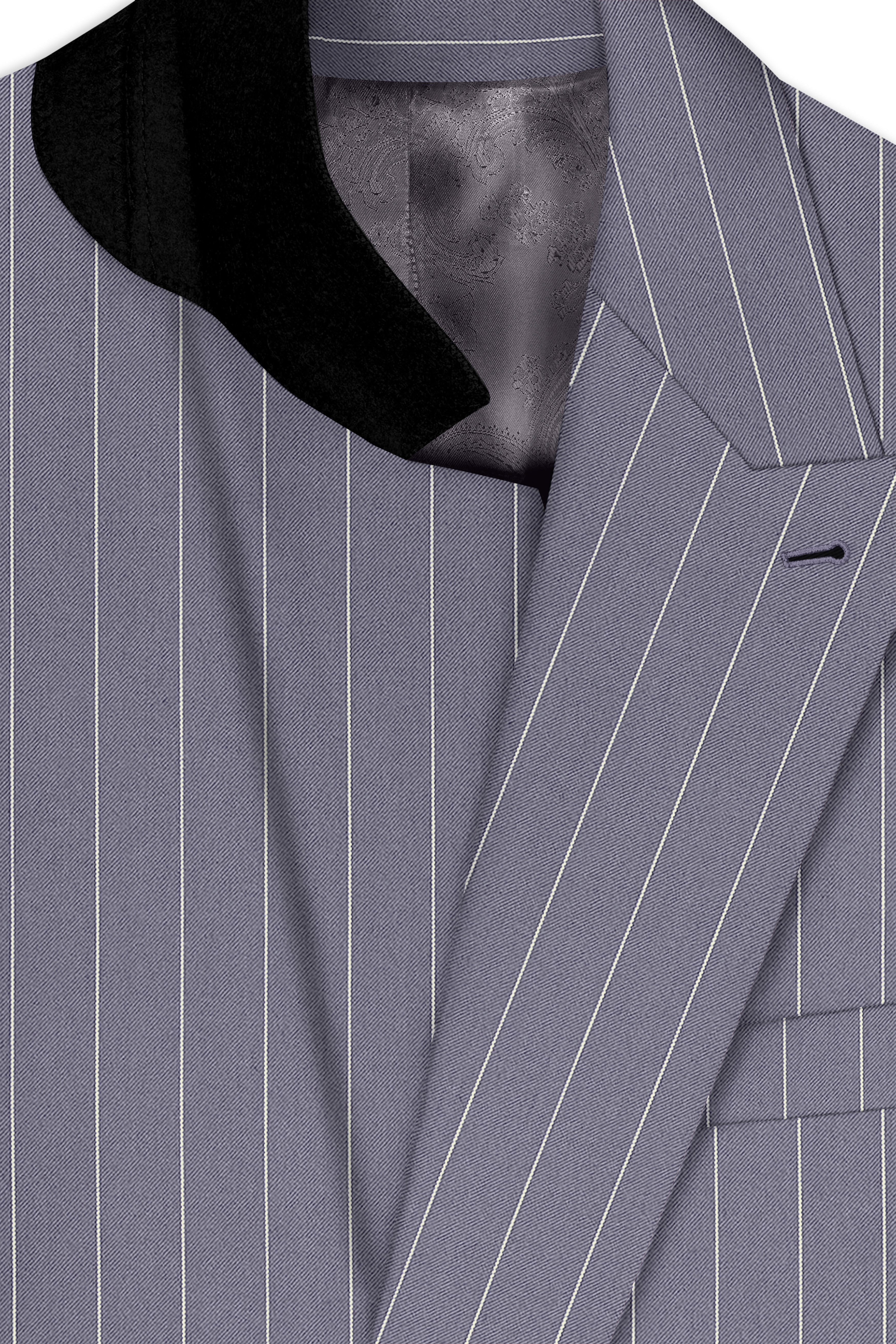 Regent-Mobster Gray And Bright White Chalk Striped Wool Rich Slight Stretch Double Breasted Blazer