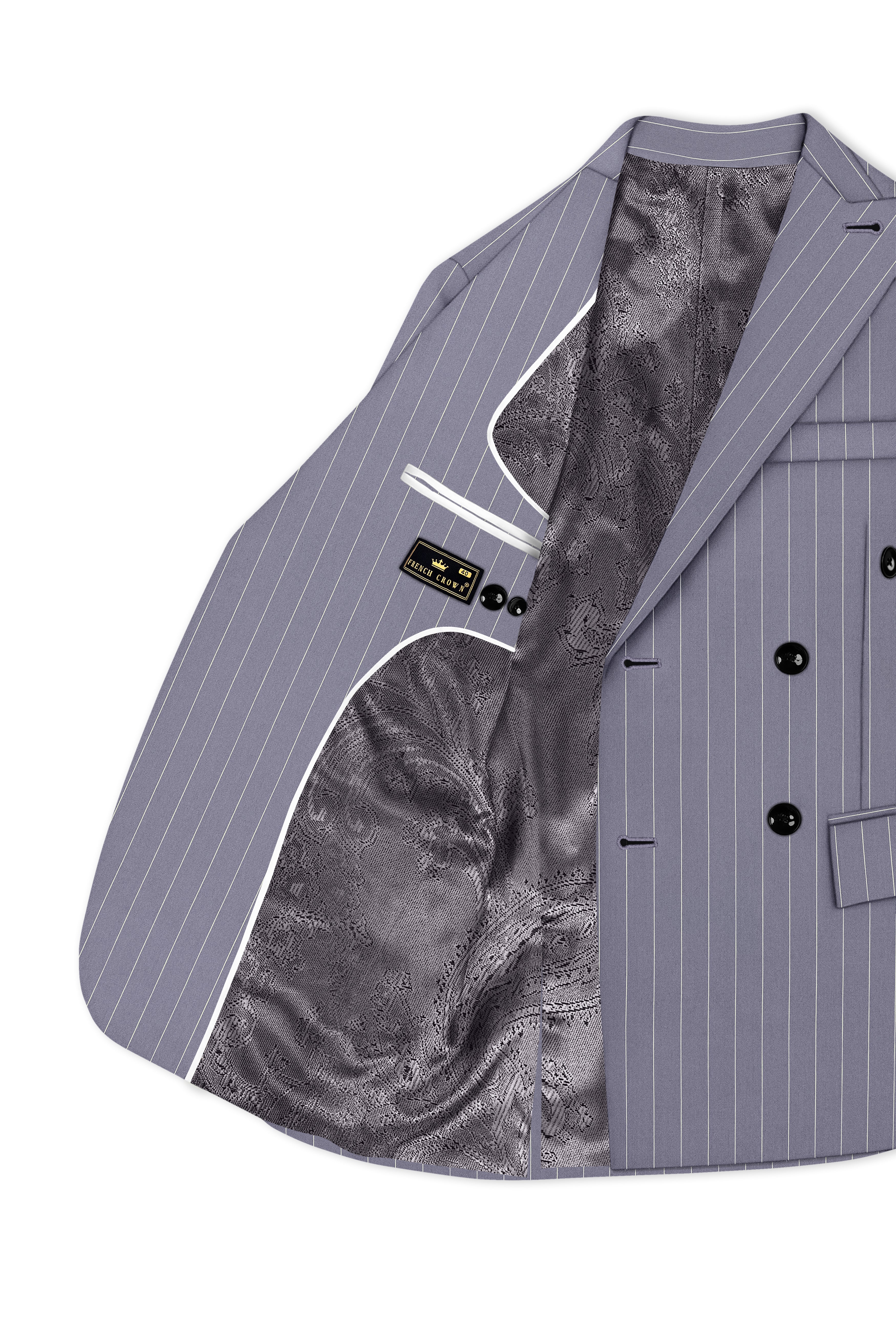 Regent-Mobster Gray And Bright White Chalk Striped Wool Rich Slight Stretch Double Breasted Blazer
