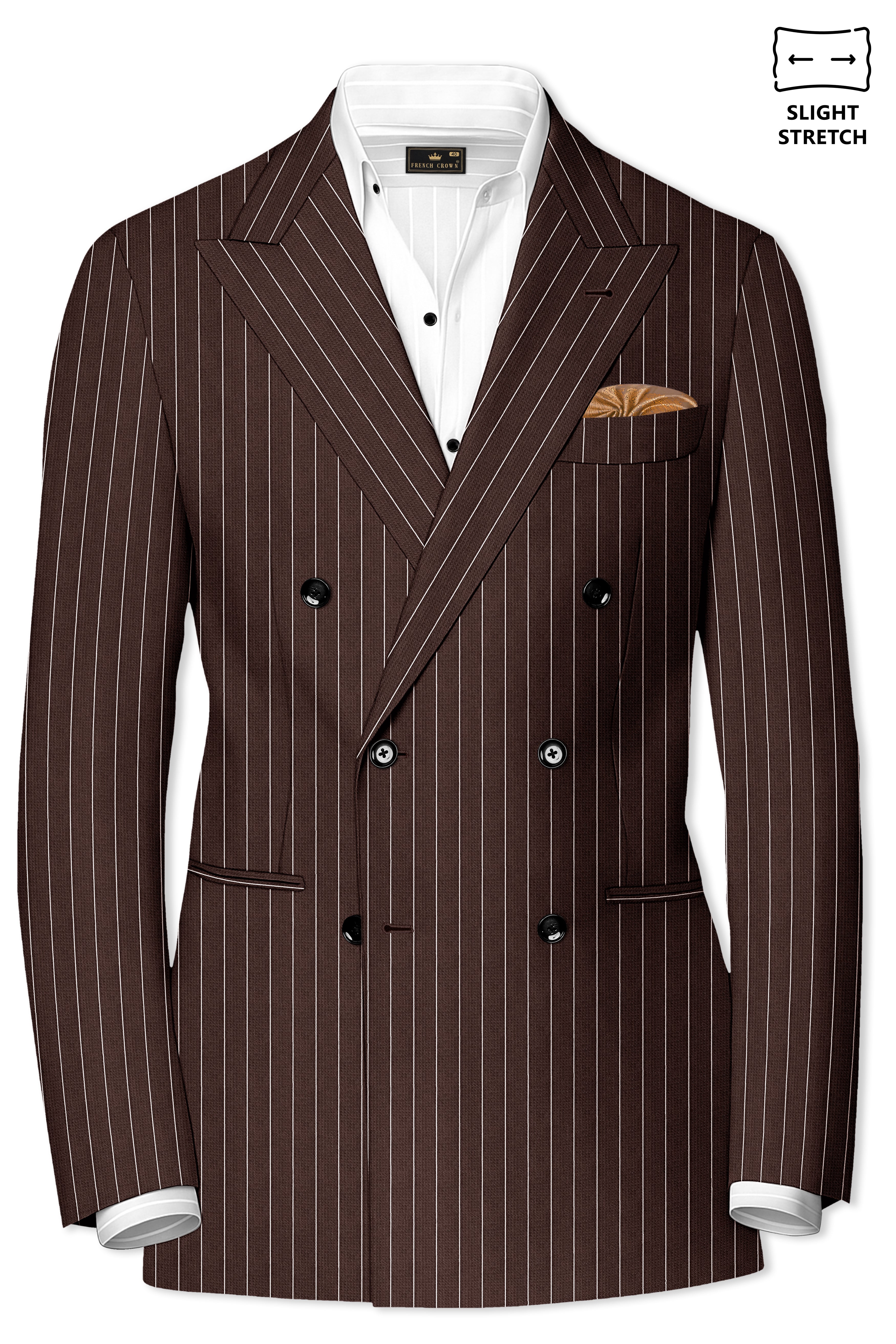Bristol-Bistre Brown And Bright White Chalk Striped Wool Rich Slight Stretch Double Breasted Blazer