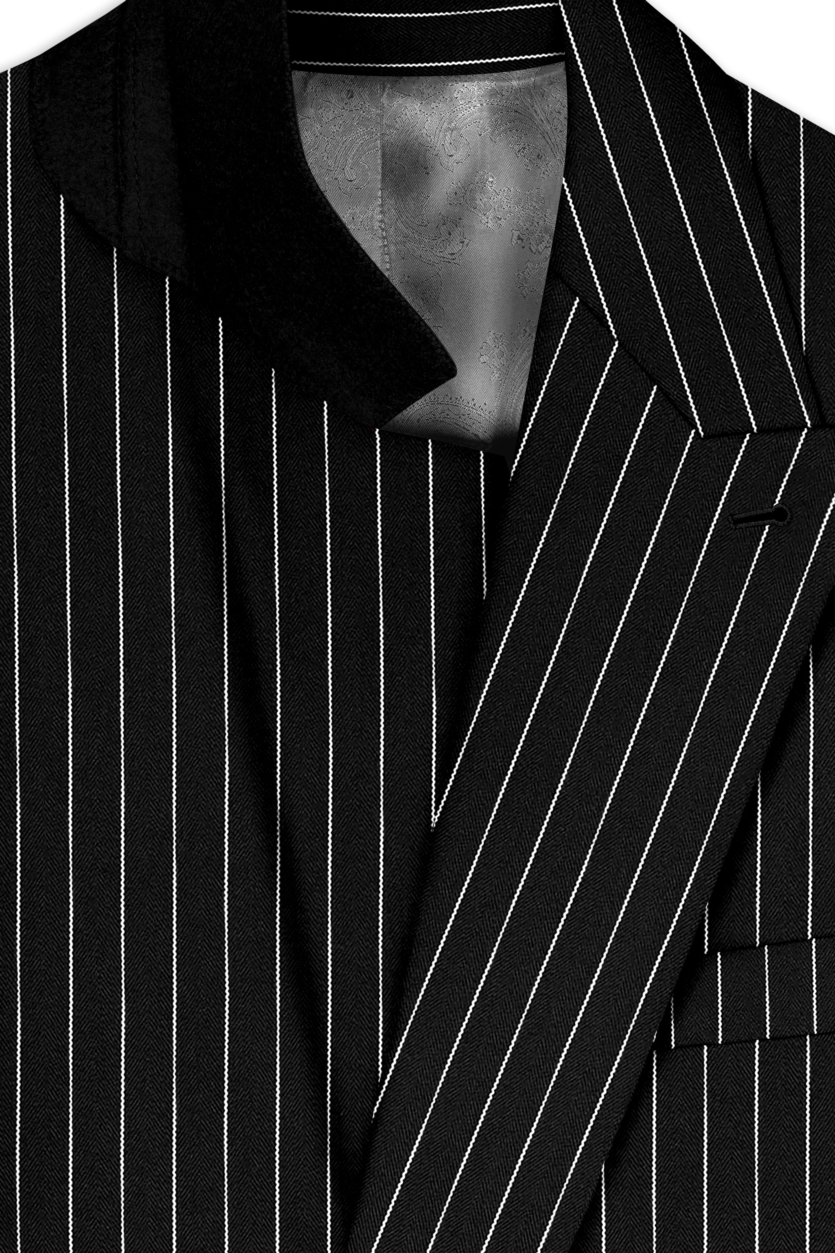 Noir-Jade Black Herringbone Striped Wool Rich Slight Stretch Double Breasted Blazer