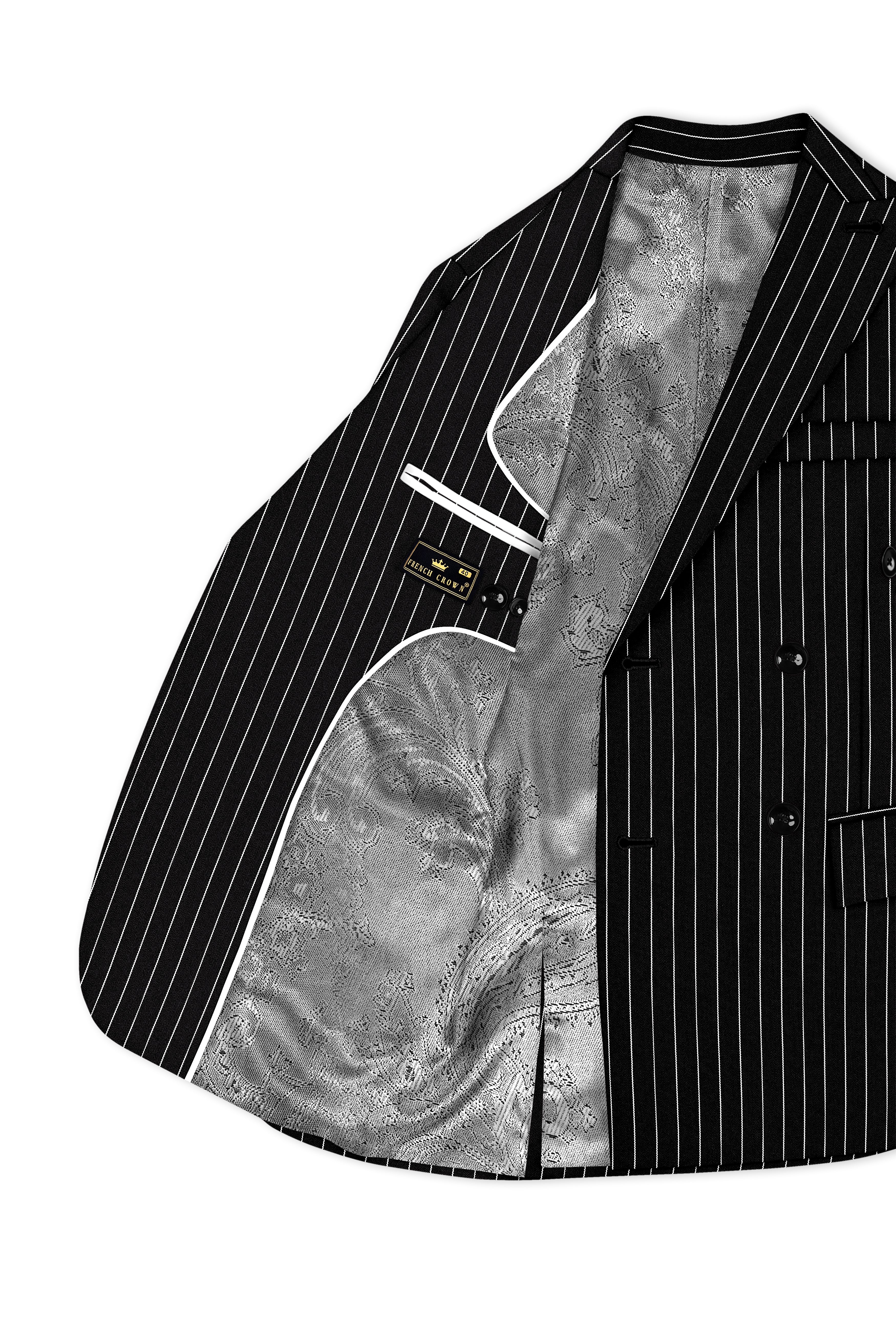Noir-Jade Black Herringbone Striped Wool Rich Slight Stretch Double Breasted Blazer