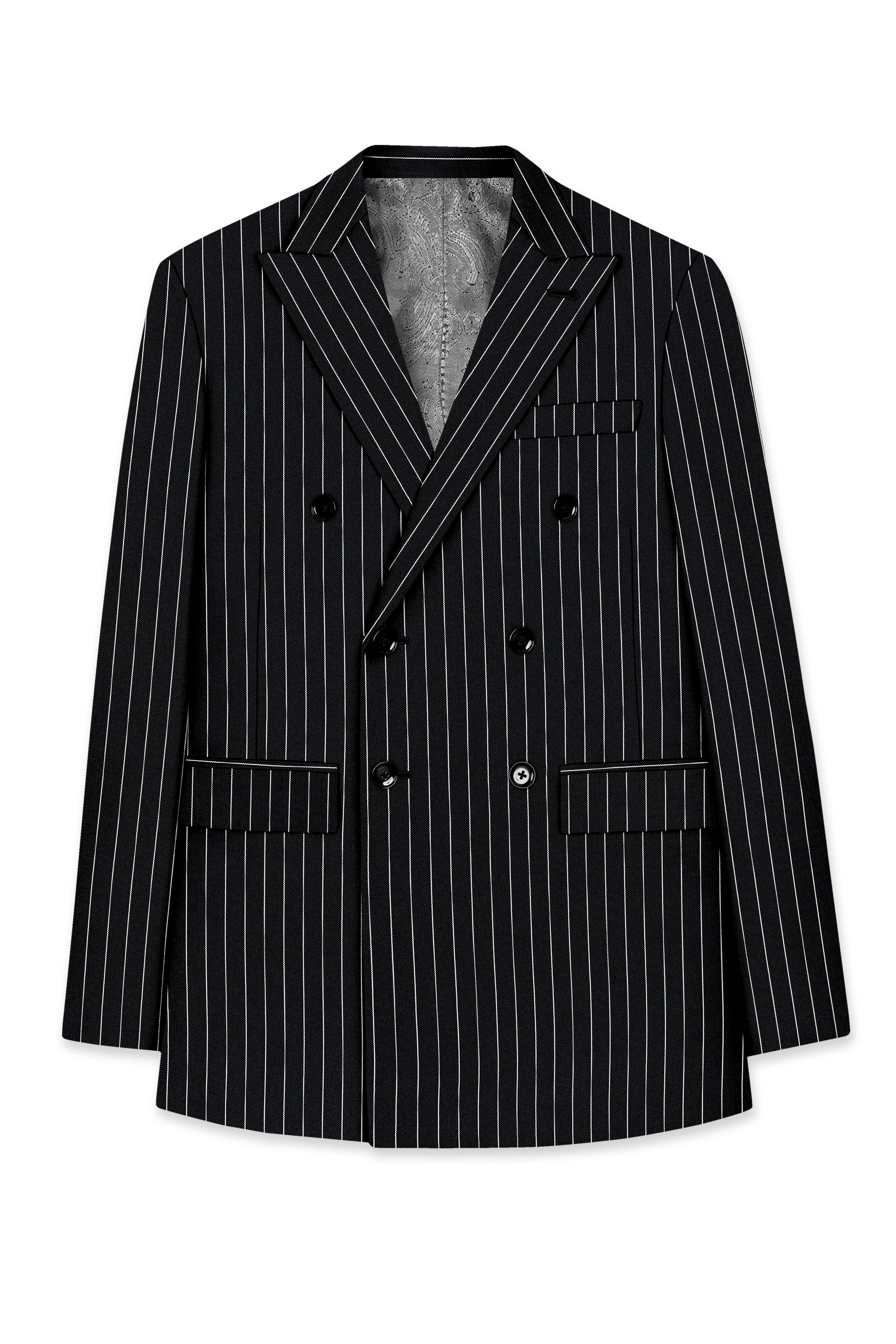 Noir-Jade Black Herringbone Striped Wool Rich Slight Stretch Double Breasted Blazer