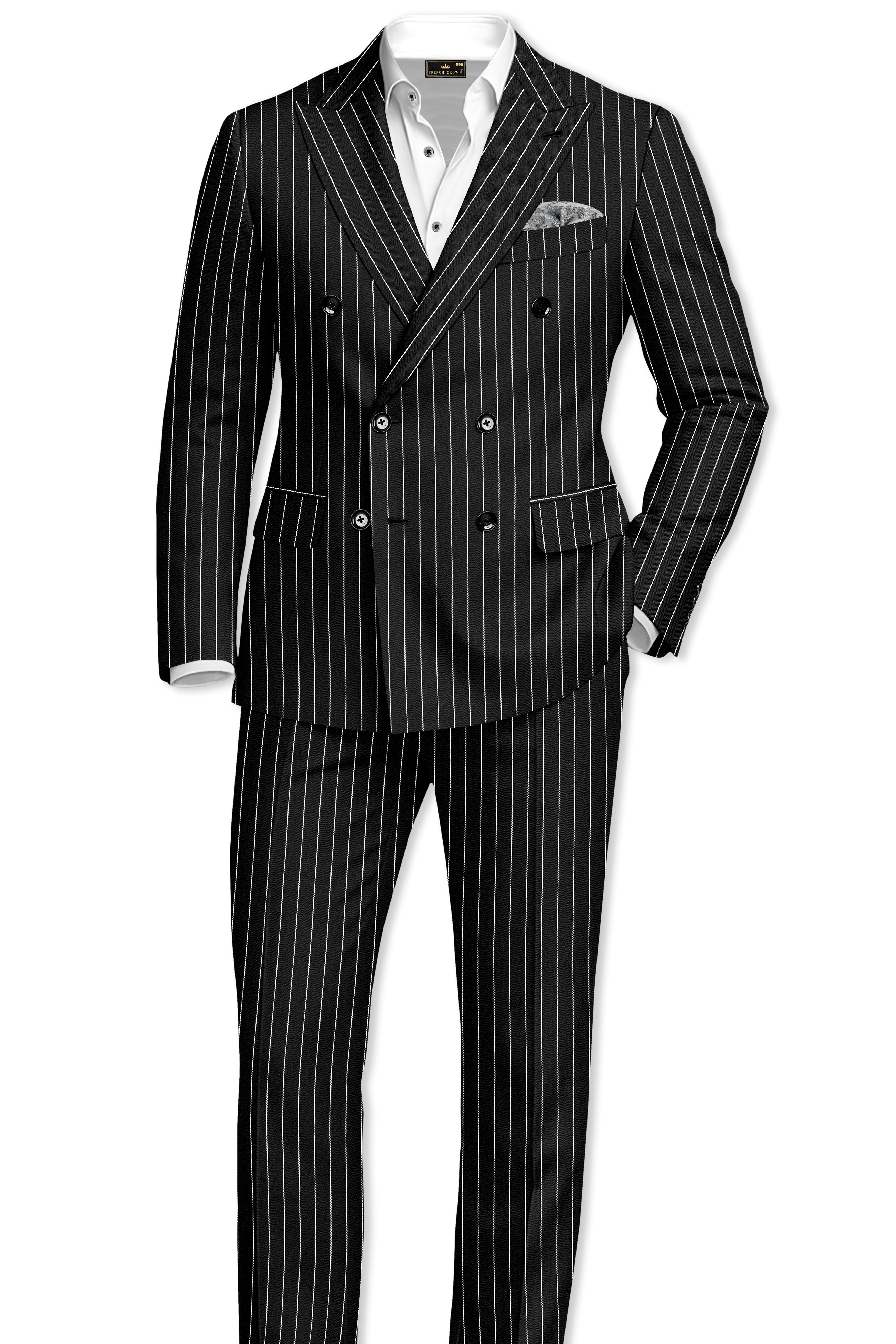 Noir-Jade Black Herringbone Striped Wool Rich Slight Stretch Double Breasted Blazer